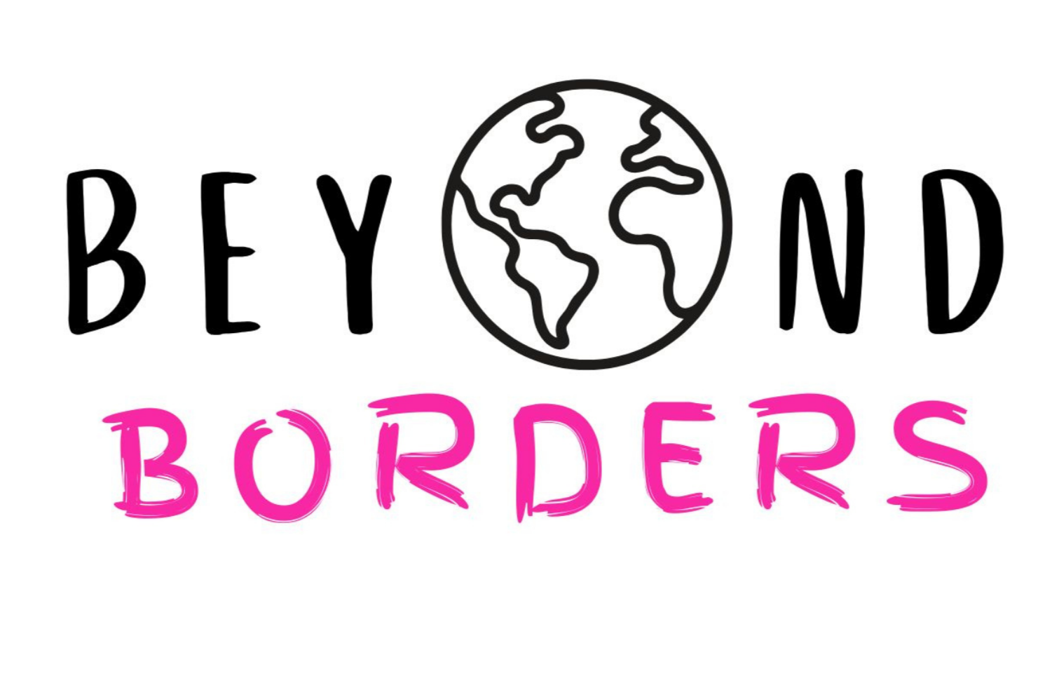 The phrase 'Beyond Borders' with the word 'Beyond' in black, a globe icon replacing the letter 'O' in 'Beyond', and 'Borders' in pink, all on a white background.