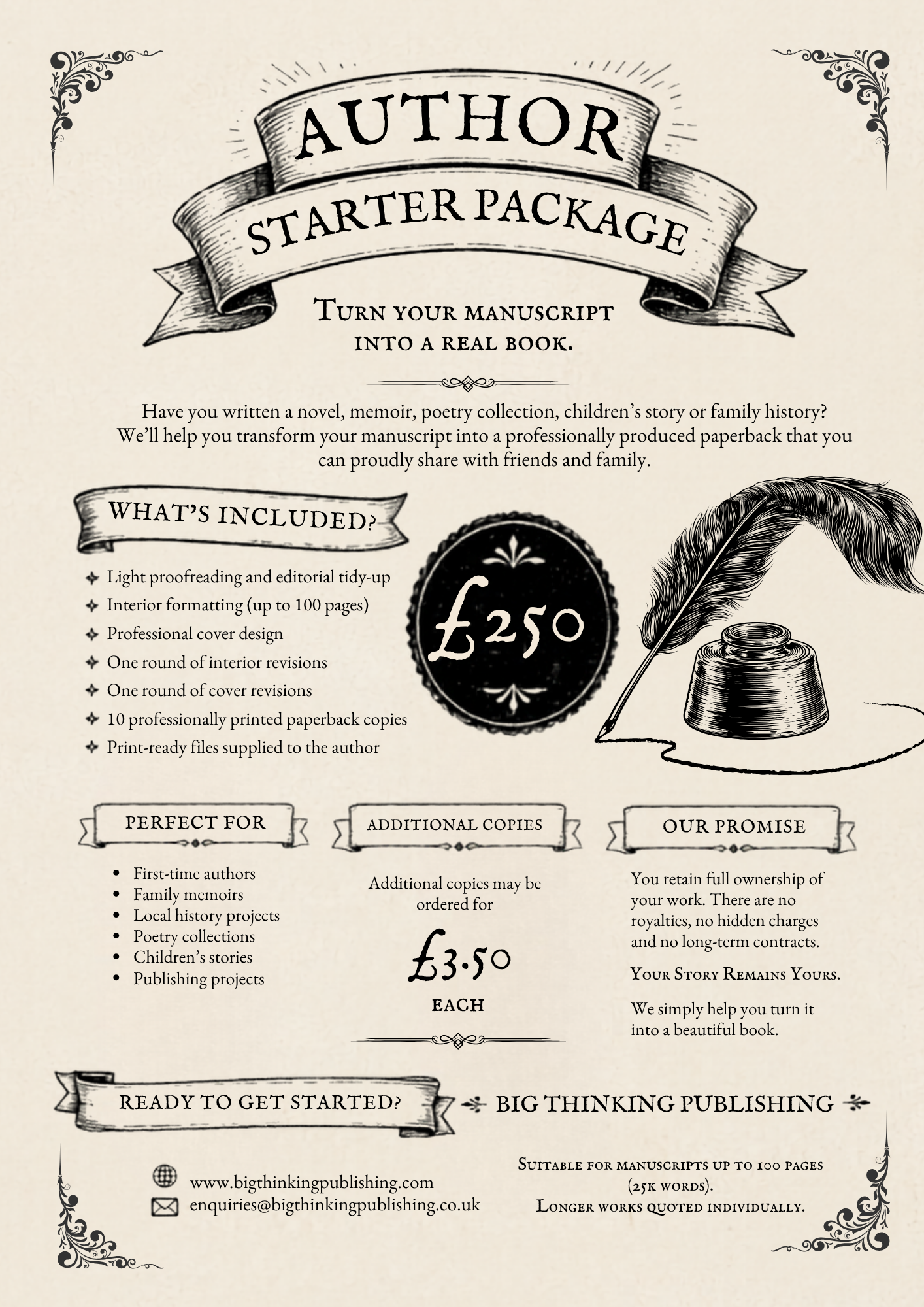 A vintage-style infographic promoting a manuscript formatting and publishing service, featuring decorative borders, a feather quill, ink bottle, and price information in black and white.