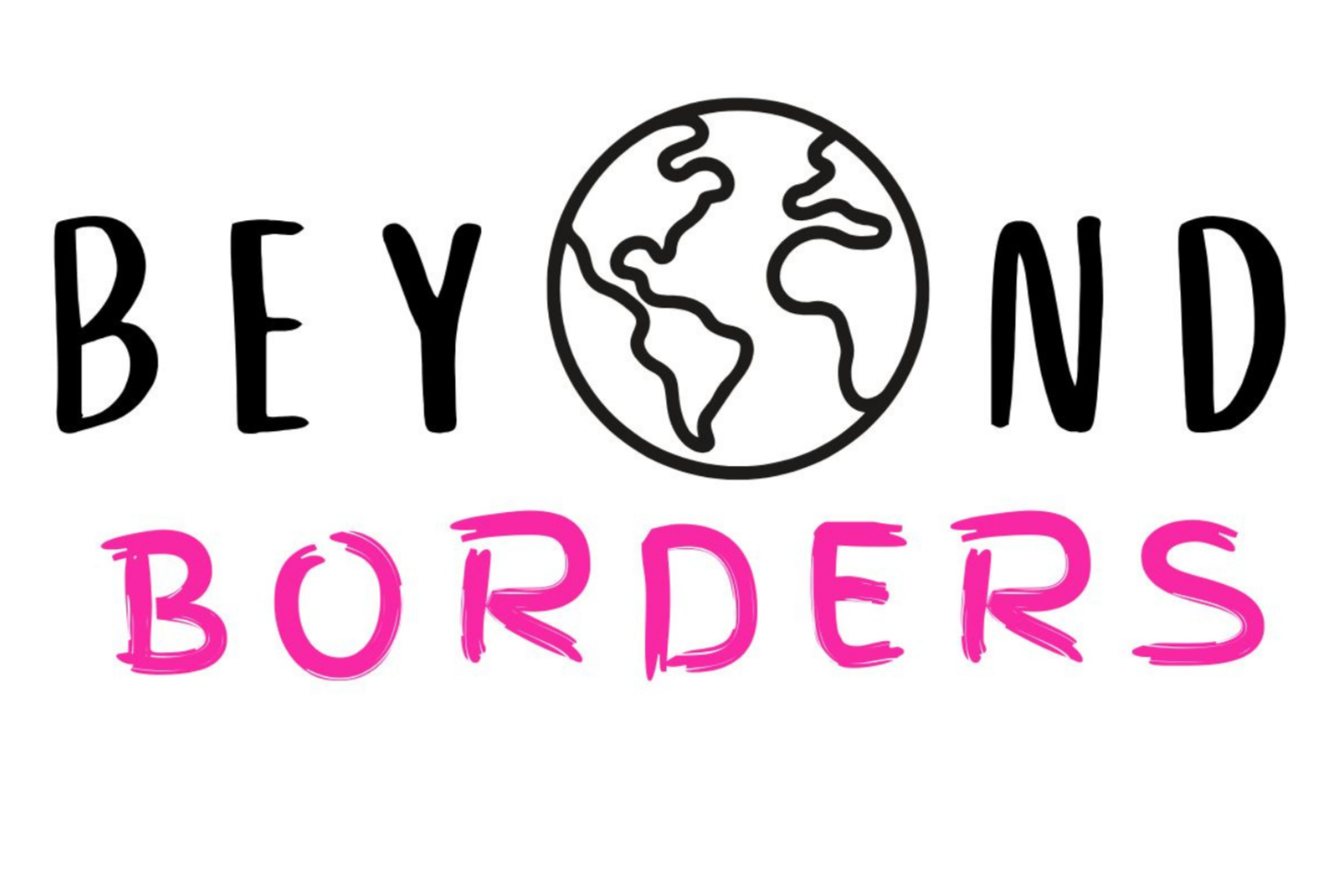 The words "Beyond Borders" with a globe icon replacing the "O" in "Beyond", black and pink text on a white background.