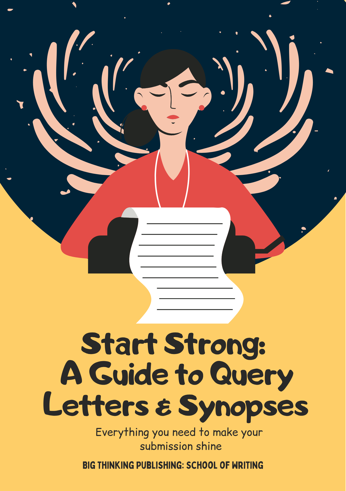 A digital illustration of a woman with dark hair, closed eyes, and red earrings, sitting at a desk with a typewriter. There is a long sheet of paper coming from the typewriter. The background features swirling lines and stars, with yellow at the bottom and dark blue at the top. The text on the image reads: "Start Strong: A Guide to Query Letters & Synopses" and "Everything you need to make your submission shine" and "BIG THINKING PUBLISHING: SCHOOL OF WRITING."