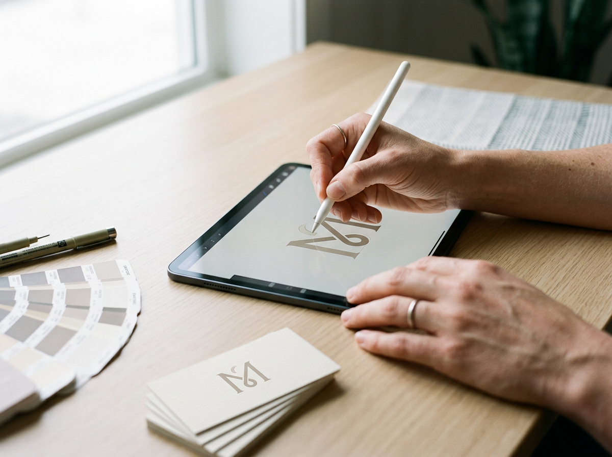 Person designing a logo on a digital tablet using a stylus. A color palette, business cards, and pens are on the desk.