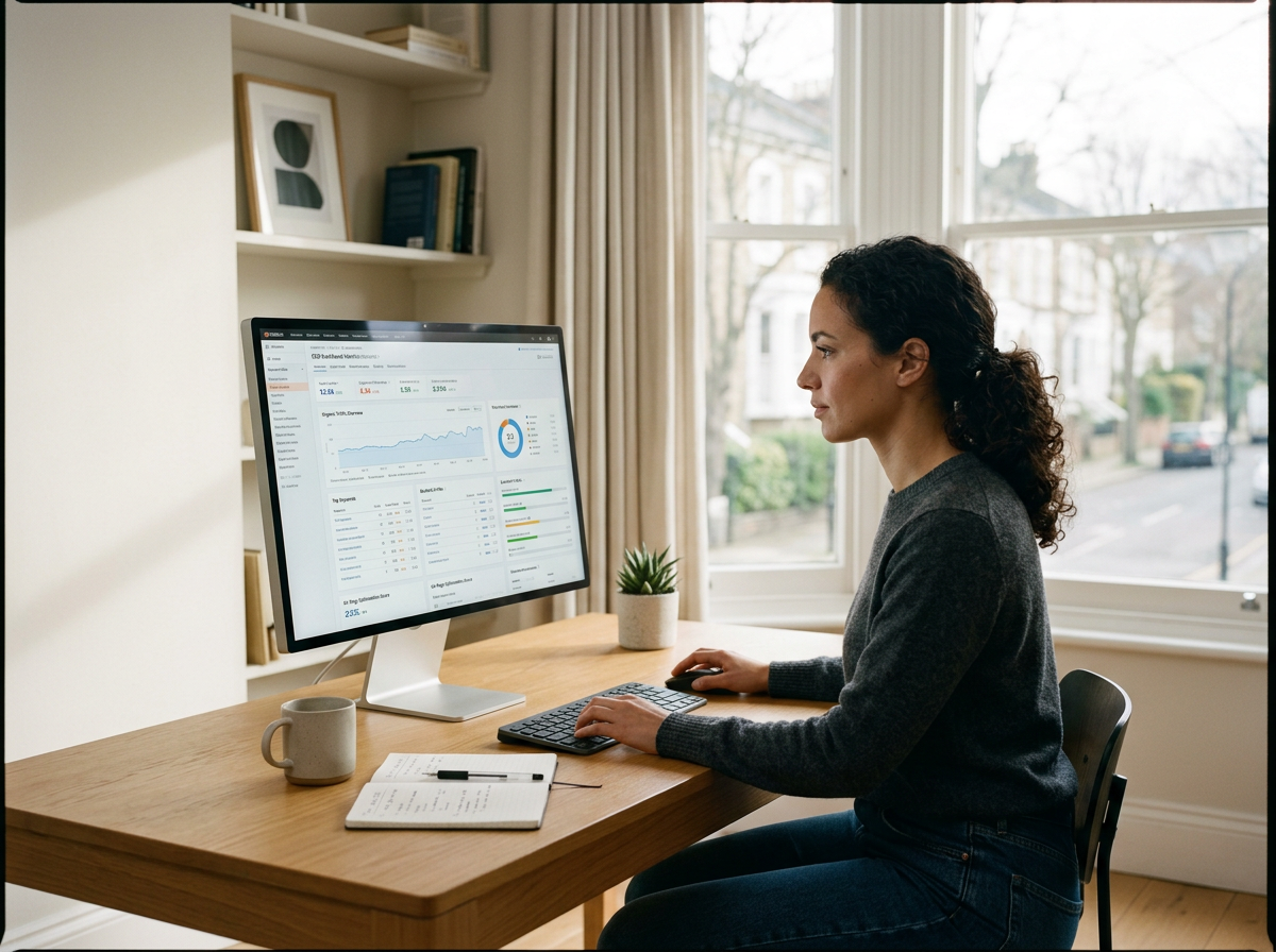Woman working at a desk, looking at a computer screen displaying data and graphs.