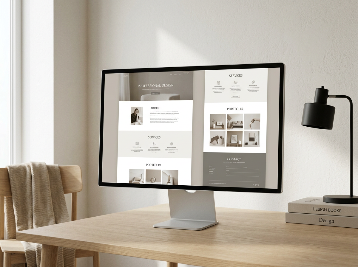 A computer monitor displaying a website with sections labeled 'About', 'Services', 'Portfolio', and 'Contact' on a wooden desk.