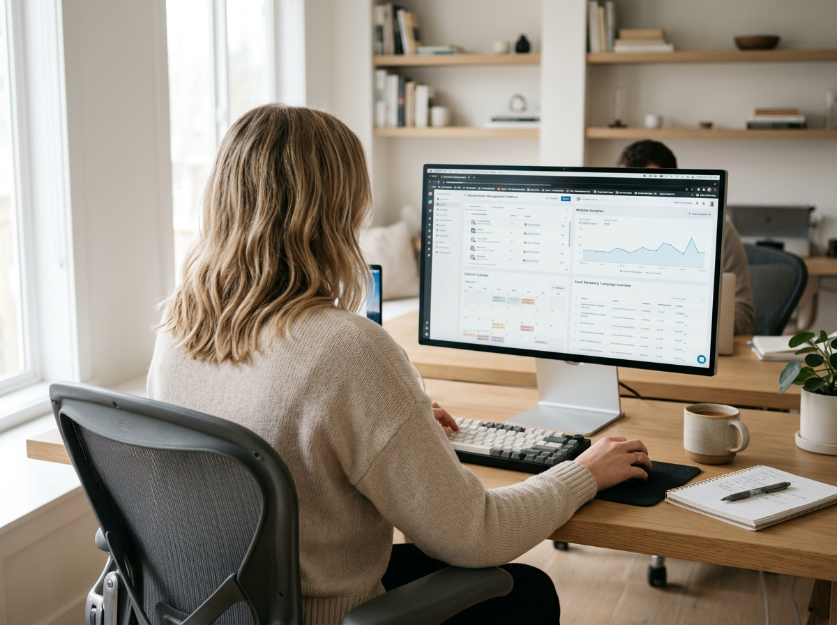Woman working at her computer in a bright office, with bookshelves in the background.