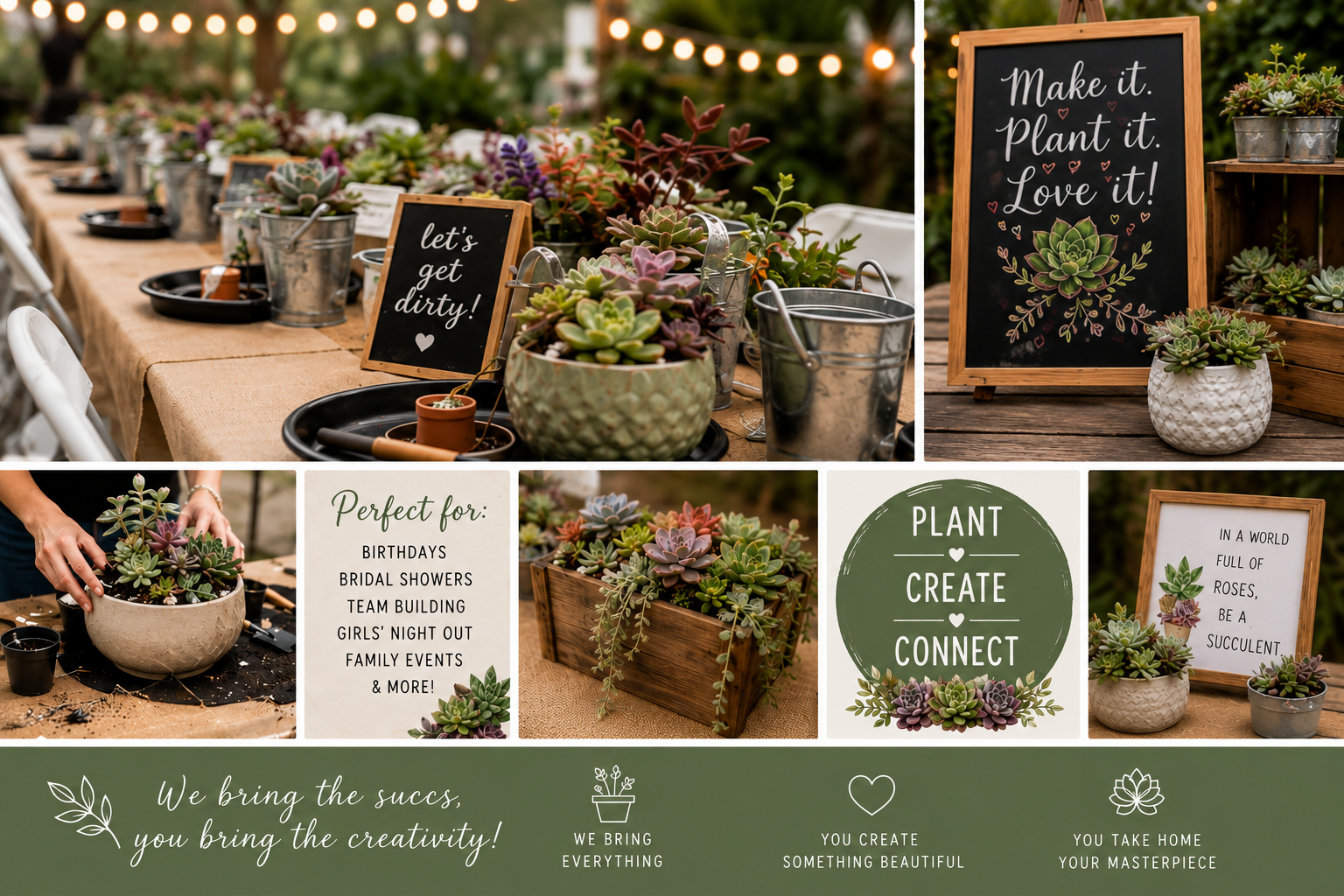 A collection of potted succulents and decorative signs at a gardening or plant-themed event or workshop.