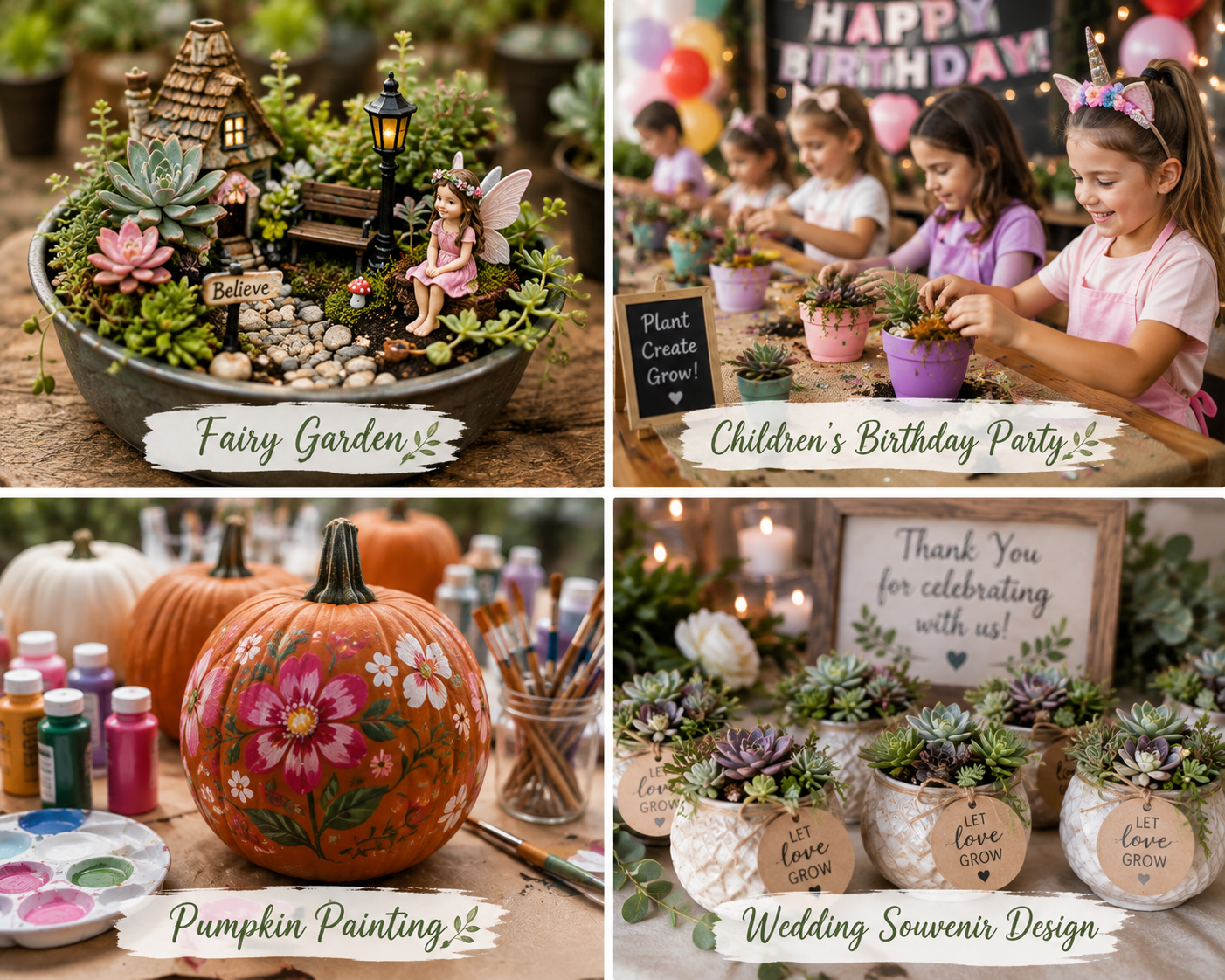A collage of four photos showcasing different outdoor craft and decoration activities for celebrations. Top left shows a fairy garden with miniature fairy figure, small house, plants, and signs saying "Believe." Top right features children at a birthday party creating plant arrangements, with a sign saying "Plant Create Grow!" Bottom left displays a pumpkin being painted with floral designs, with paint bottles and brushes nearby. Bottom right presents wedding favor jars with succulents and a framed sign saying "Thank You for celebrating with us!".