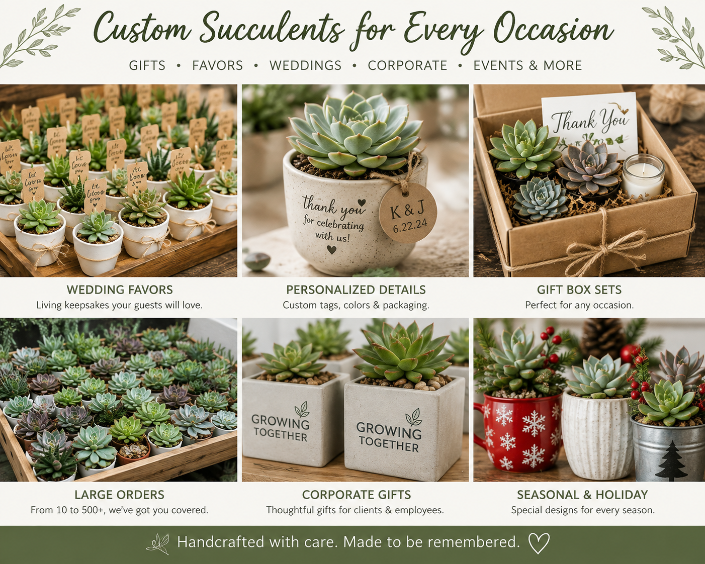 A promotional graphic for a succulent business, showing various arrangements and types of succulents with labels and decorative packaging for occasions like weddings, corporate gifts, and holidays.
