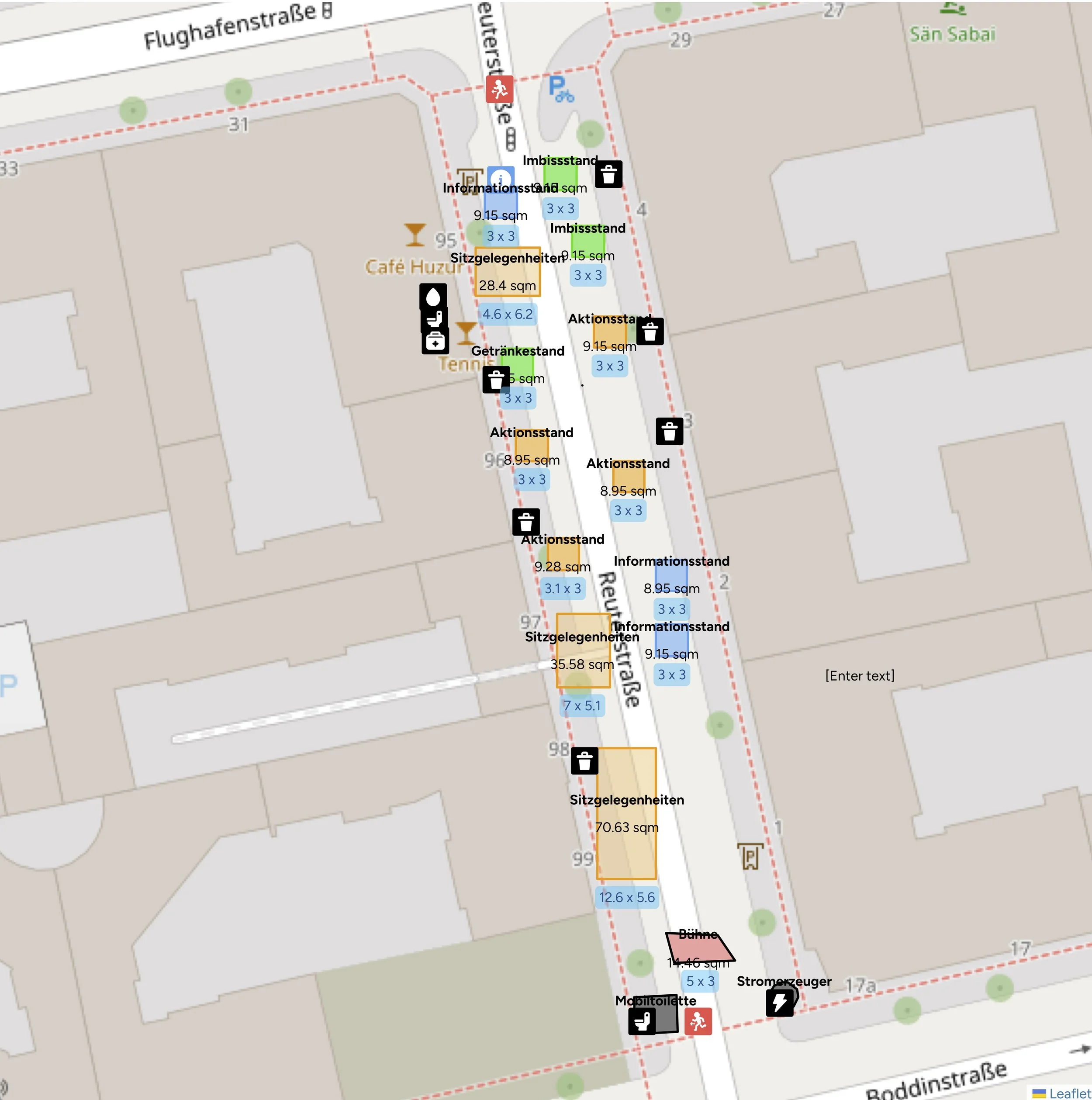 Map of an outdoor area with pathways, green trees, and various labeled zones indicating seating, information stands, and activity areas. Streets and pathways are marked, and there are icons representing facilities such as a toilet, trash, and people engaging in activities.