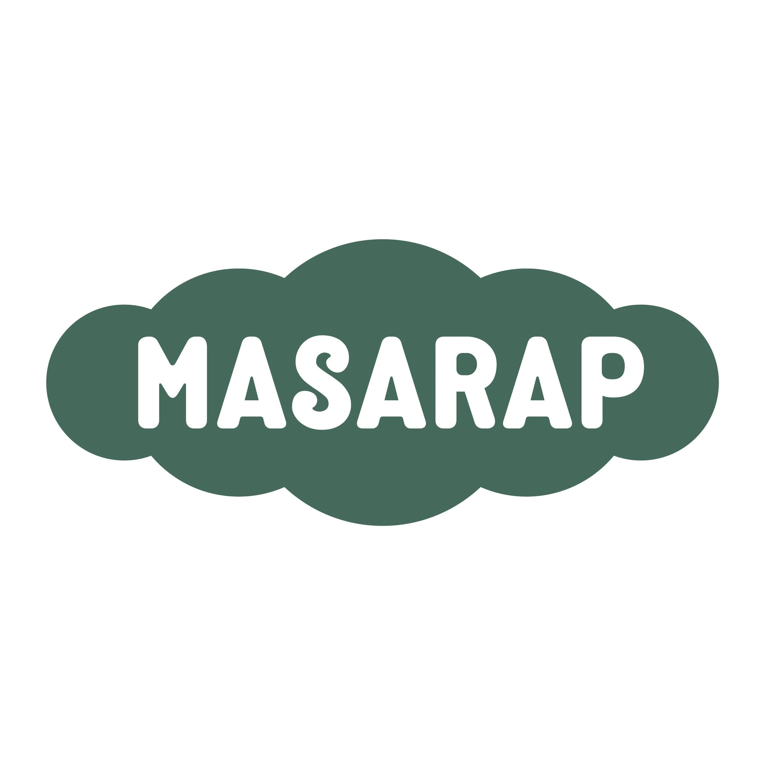 A logo with the words 'MASARAP' inside a rounded green shape resembling a cloud.