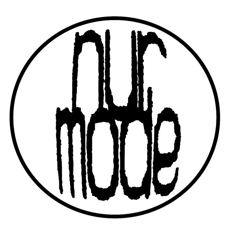 Black text in a stylized font reading "nur mode" inside a black circle.