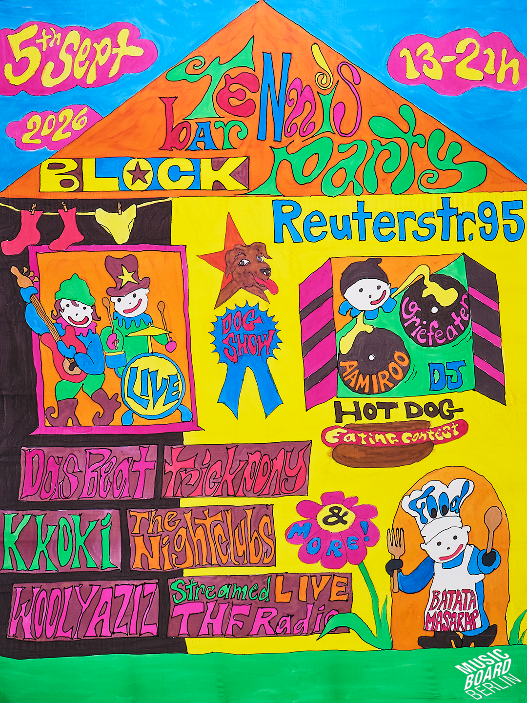 Colorful poster for Tennis Bar Block Party on September 5, 2026, 13-21h at Reuterstr. 95 ft. various events like dog shows, live music, a hot dog eatig contest, & more with drawings of people, dogs, and musical instruments in a house.