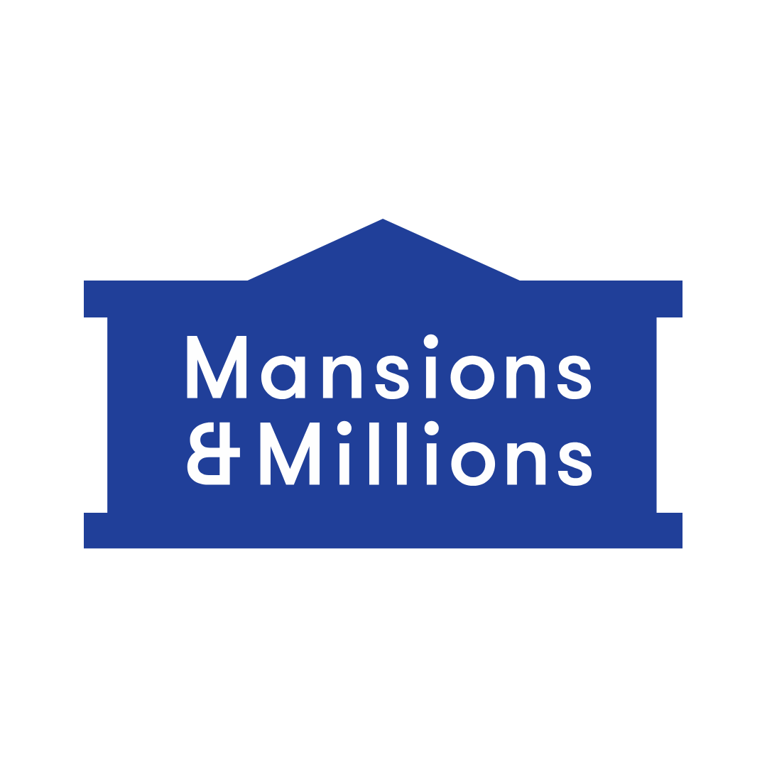 A solid blue outline of a grand house with the words "Mansions & Millions".