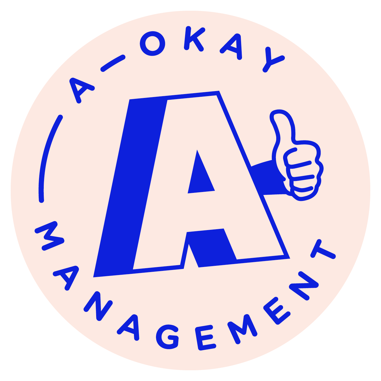 "A-Okay Management" in blue lettering wrapped around a block letter A with a thumbs up in a pink circle.