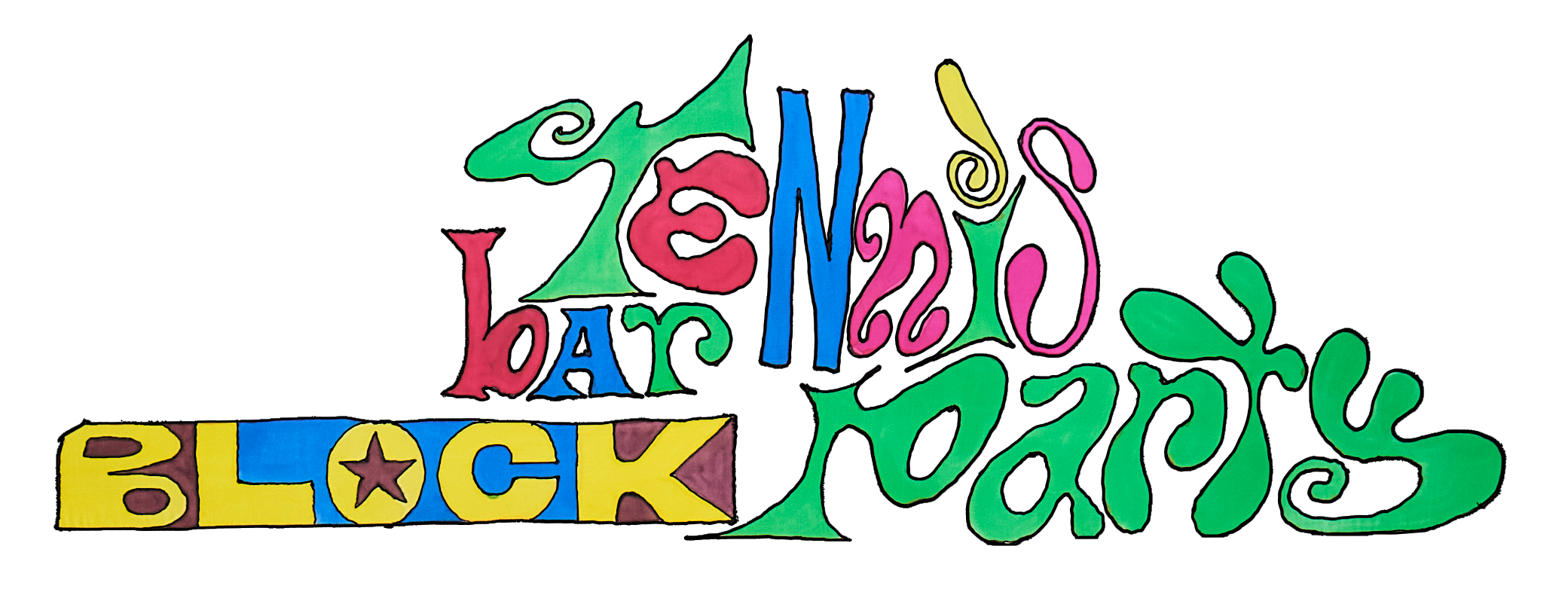 Colorful lettering that reads "Tennis Bar Block Party" on a transparent background.