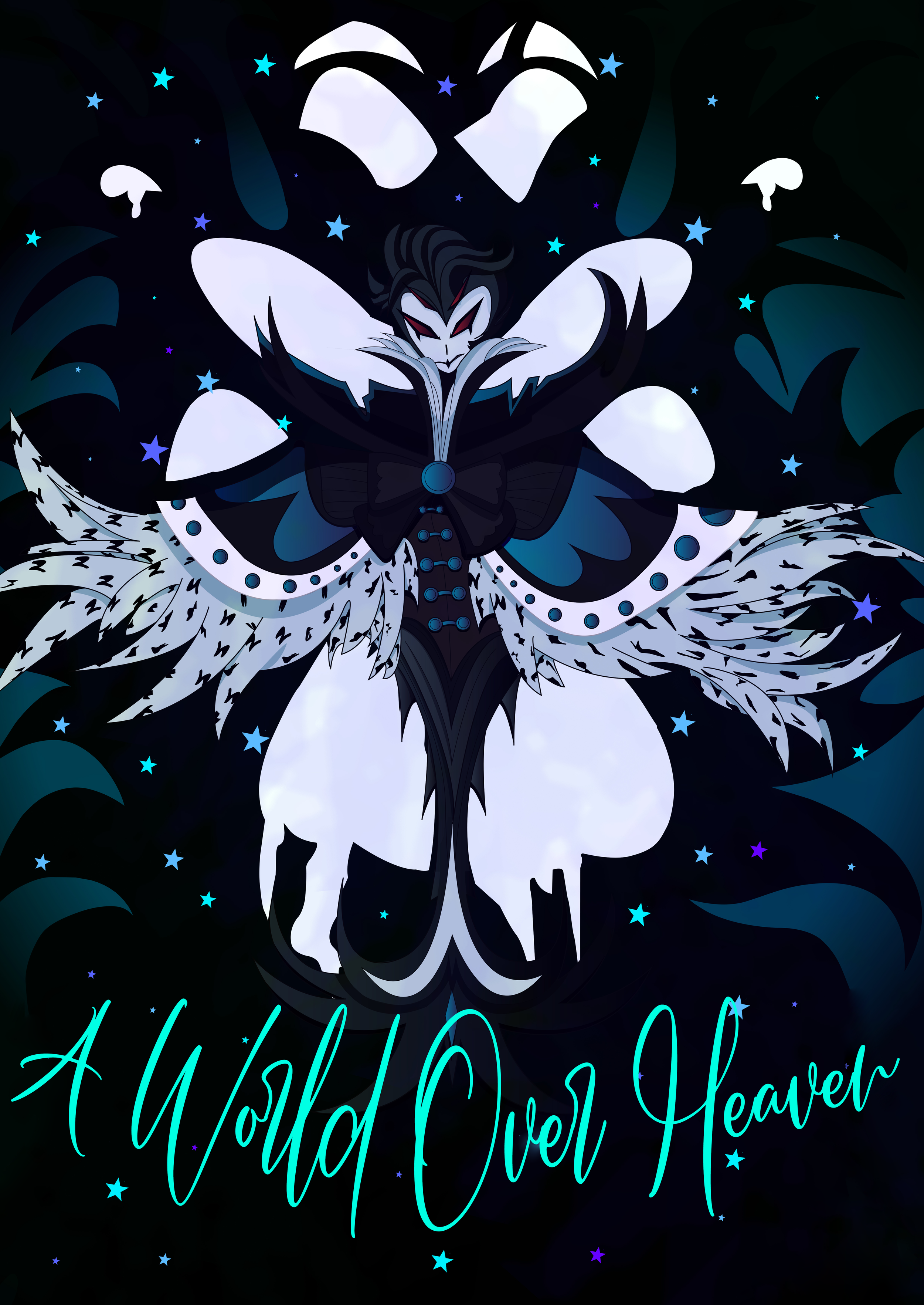 A stylized illustration of a vampire with black hair, red eyes, and a black and white cape, surrounded by stars and wing-like shapes, with the text 'A Wish To Save Our Heaven' written at the bottom.