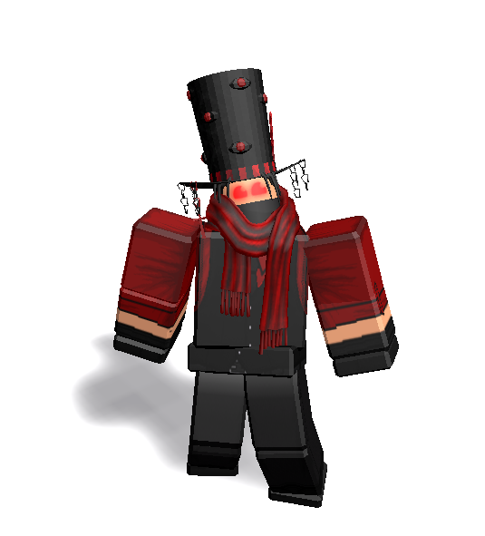 Minecraft character with a cylindrical black head, glowing red eyes, red scarf, red jacket, and dark pants.
