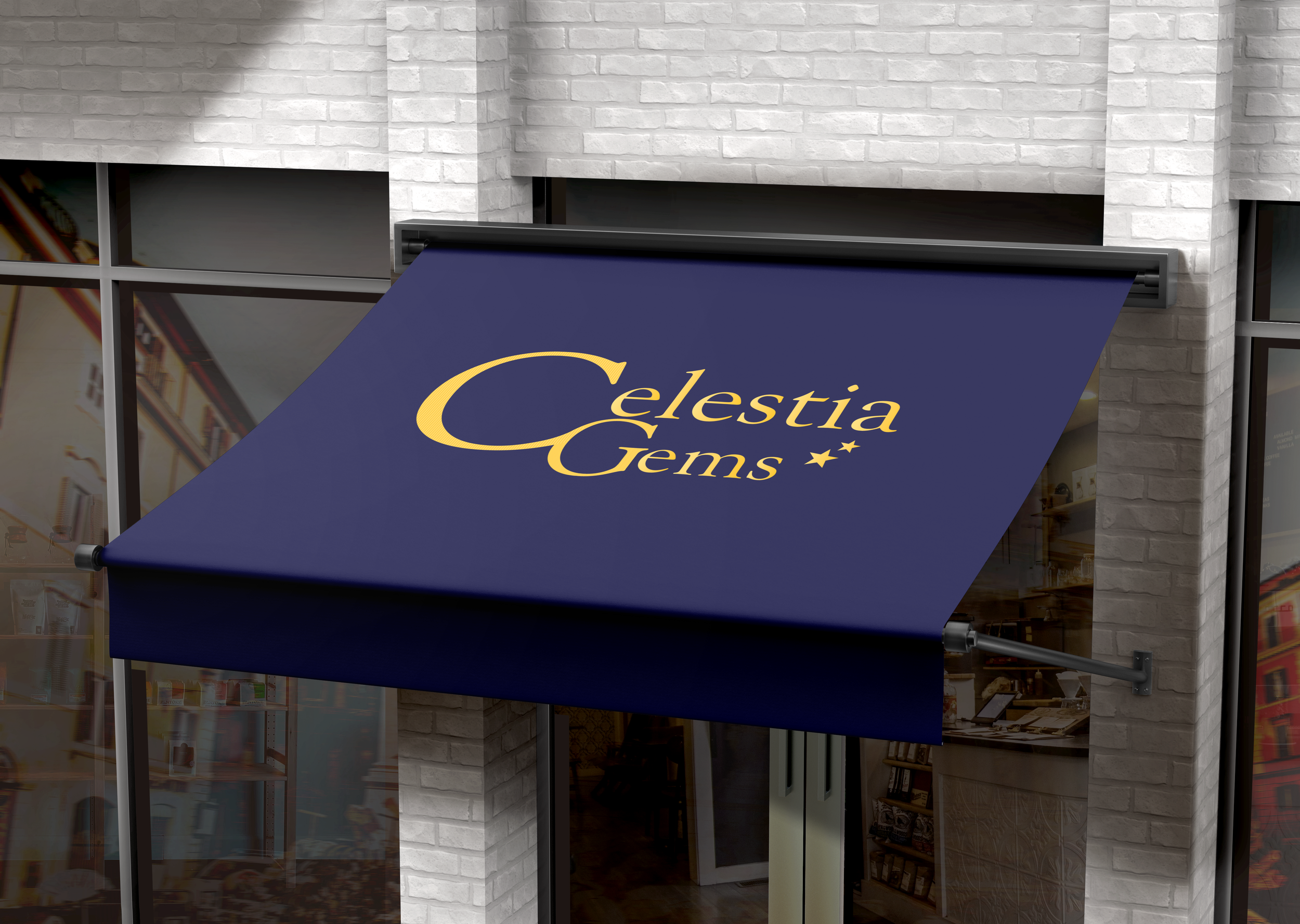 Storefront of Celestia Gems with a blue awning displaying the business name in gold lettering, located on a building with white brick walls and large glass windows showing inside merchandise.