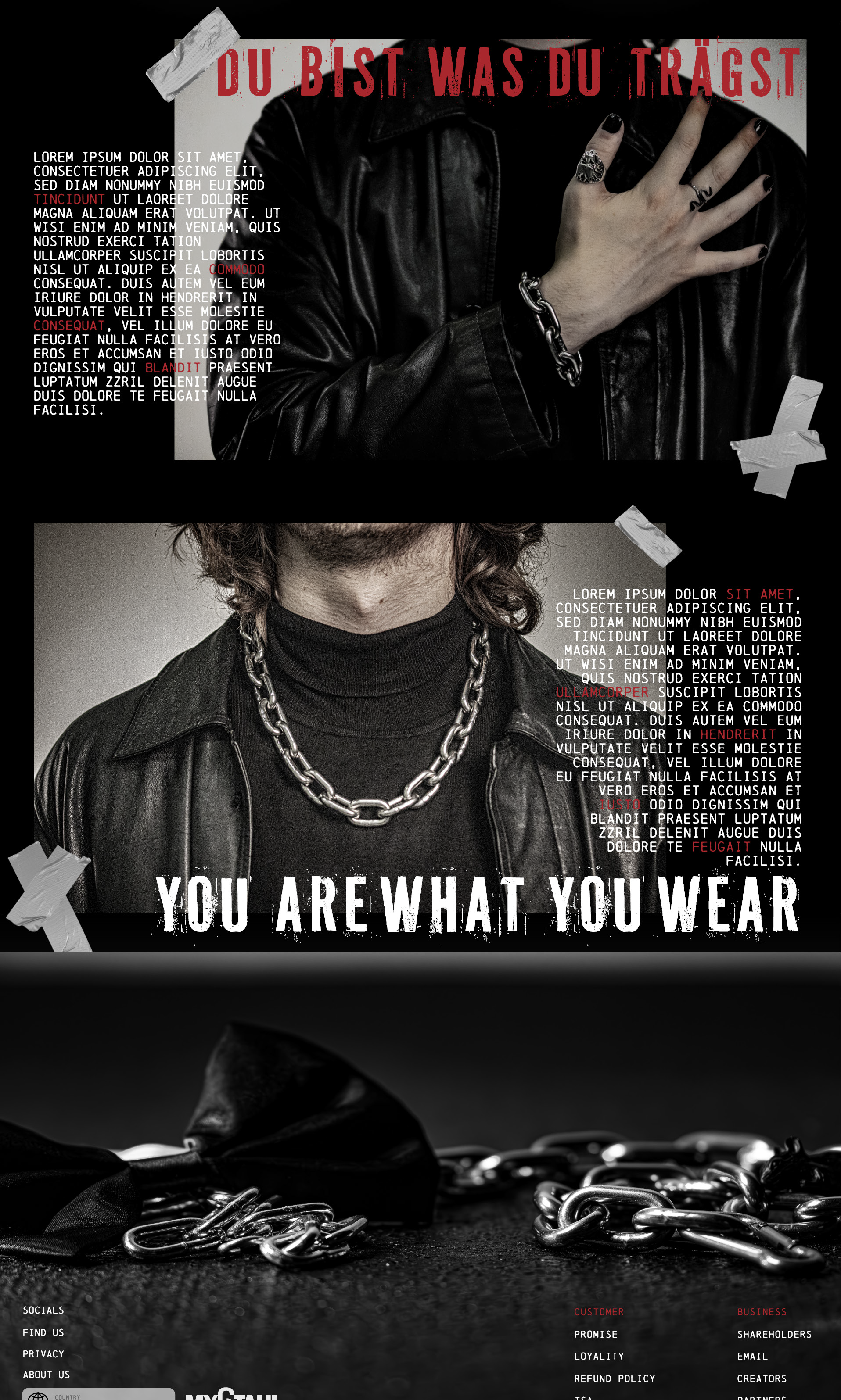 Fashion photography featuring a person wearing a leather jacket and jewelry with bold text overlay saying "You are what you wear" and other design elements.