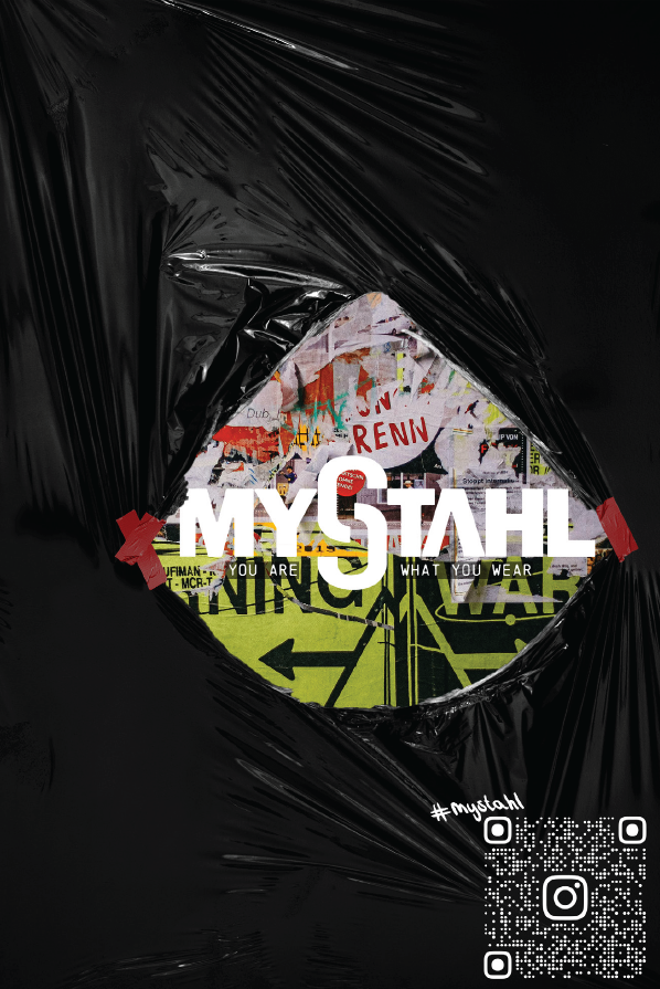 A collage of graffiti and street posters with the word "MYSTAHL" prominently in the center, partially covered by a black plastic sheet with a hole cut out revealing the collage underneath; includes social media icons and a hashtag #mystahl.