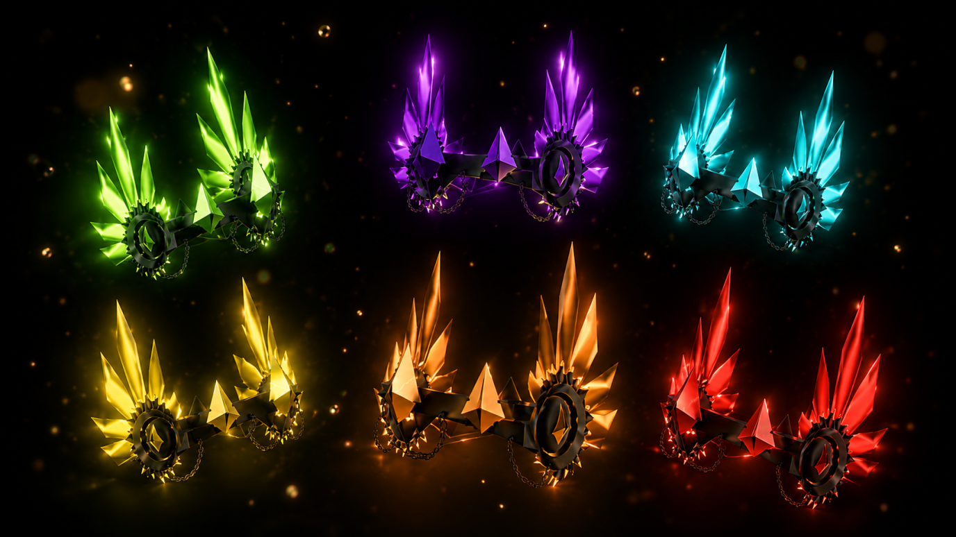 Six glowing gears with crystal-like spikes and chains, each emitting different colors: green, purple, blue, yellow, orange, and red, floating against a dark background with golden sparks.