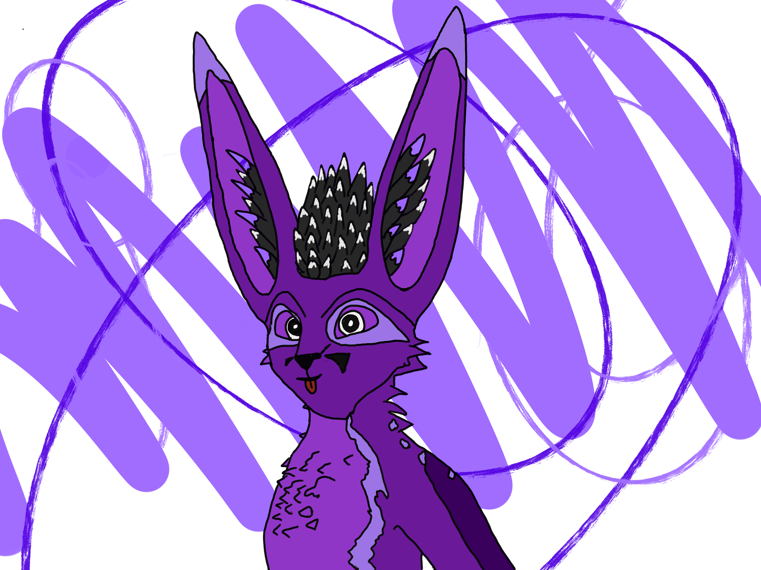 A digital drawing of a purple wolf with large ears and black markings, with a background of purple scribbles and shapes.
