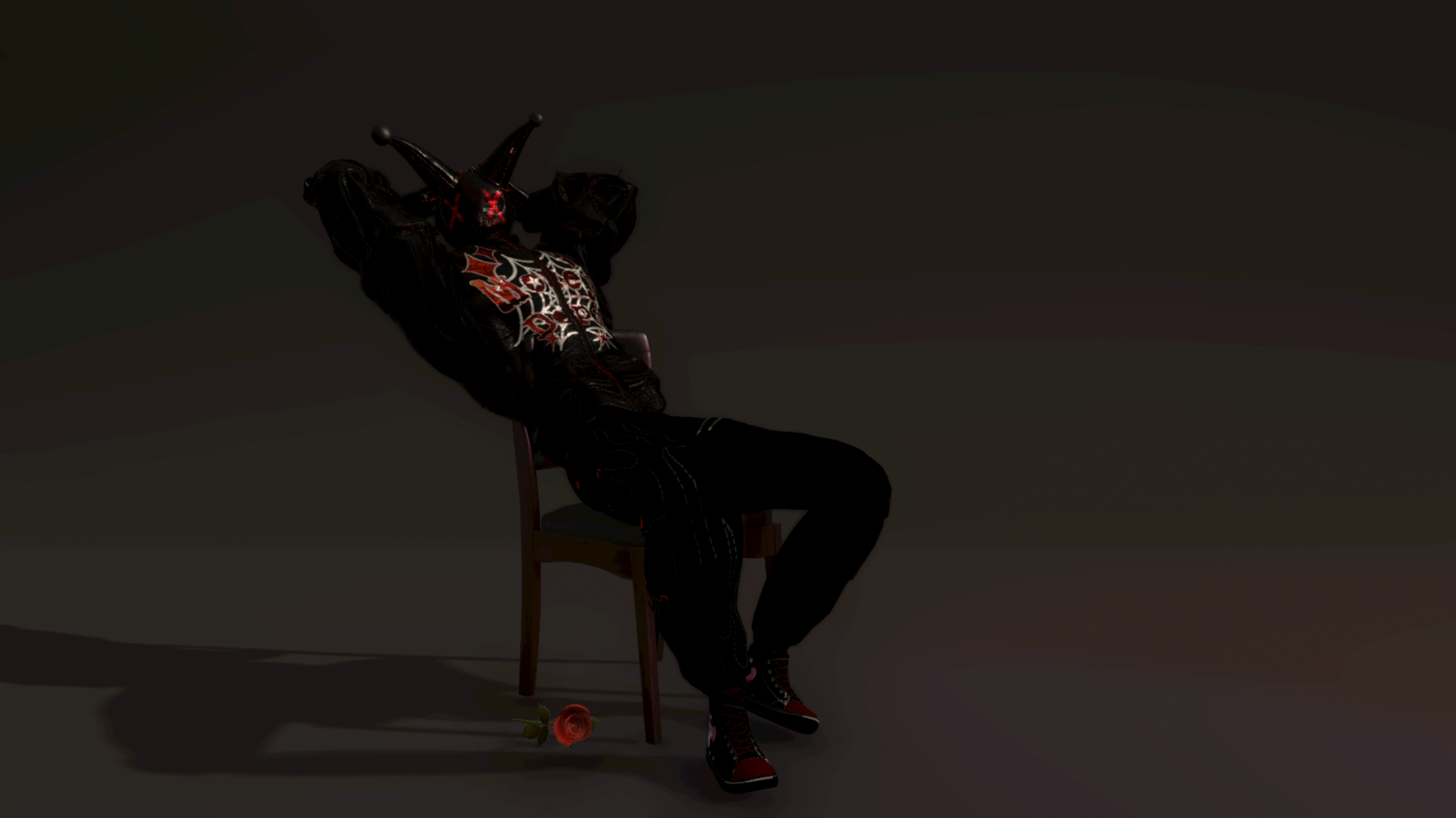 A person with a mask sitting on a chair in a dark room, with a rose on the floor nearby.