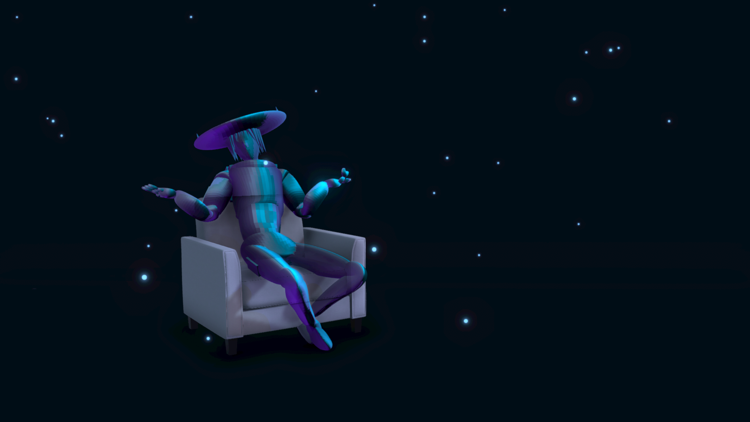 A digital art depiction of a humanoid robot with a mushroom-shaped head, sitting on a white armchair against a dark background with small glowing stars.