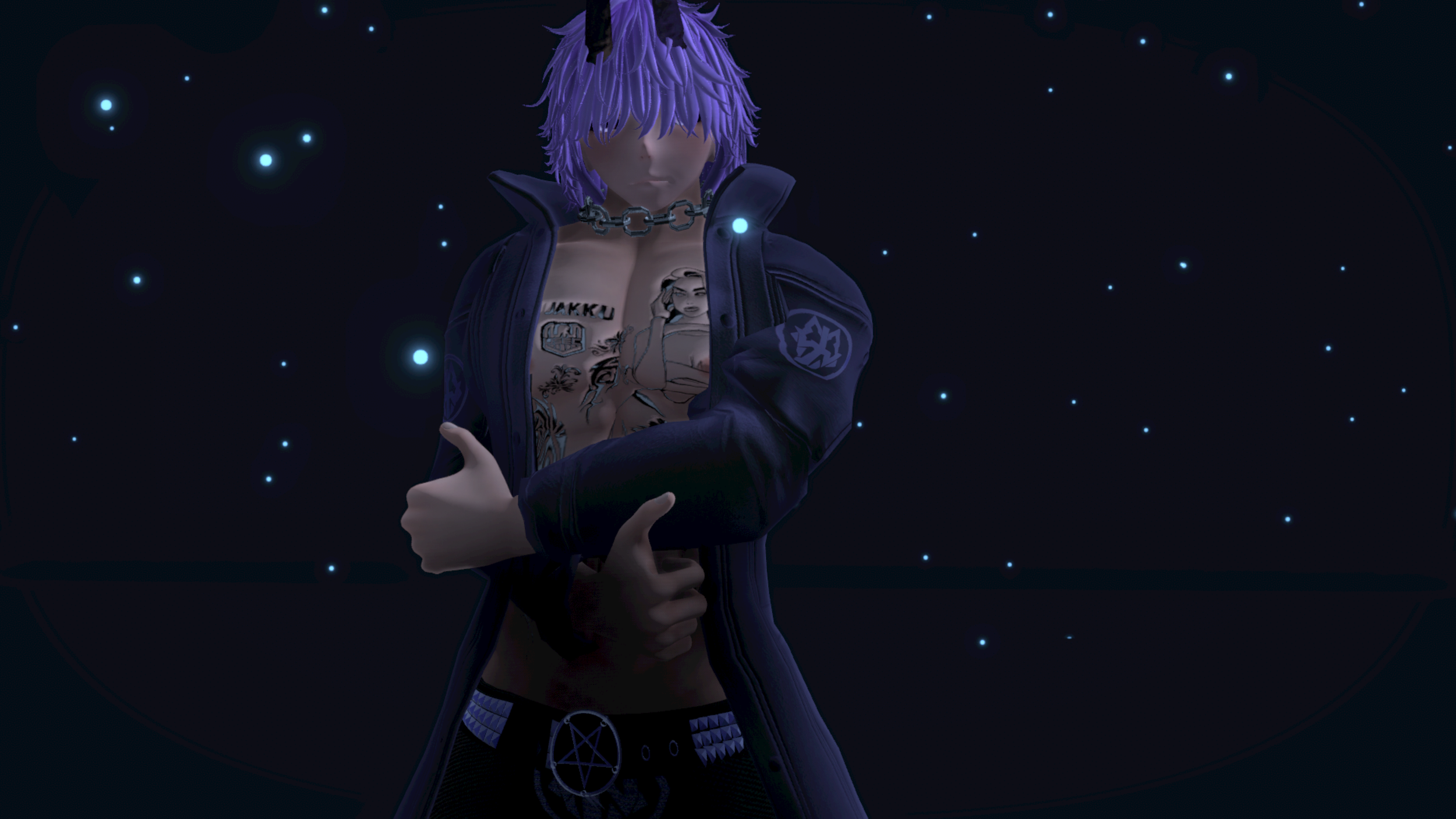 A digital illustration of a person with purple hair posing with their arms crossed against a dark background with glowing blue stars. The person is wearing a dark jacket with patches and a chain necklace, with tattoos visible on their chest.