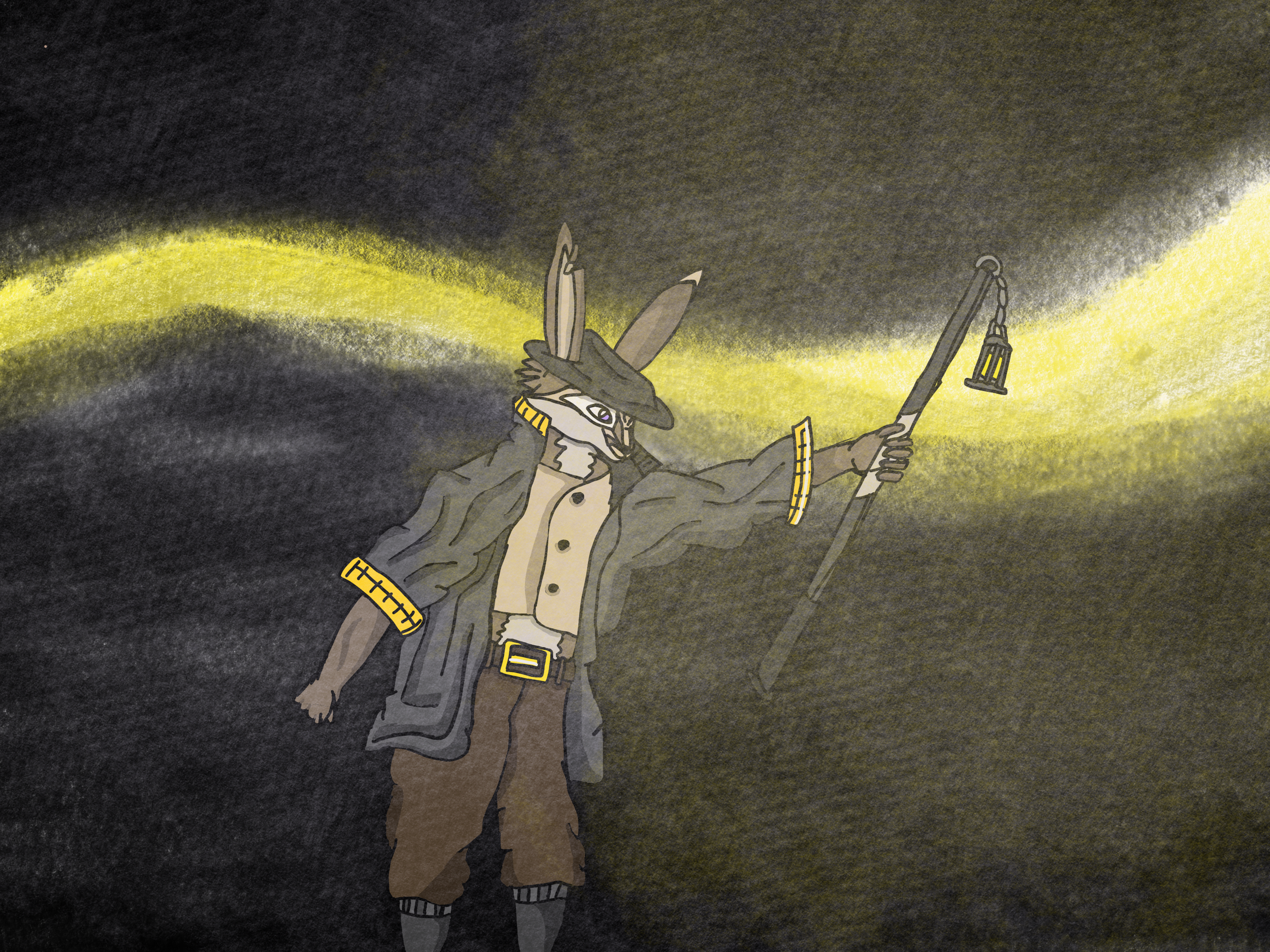 A hand-drawn illustration of a humanoid animal character dressed as a cowboy, holding a lasso, with a dark and yellowish background.