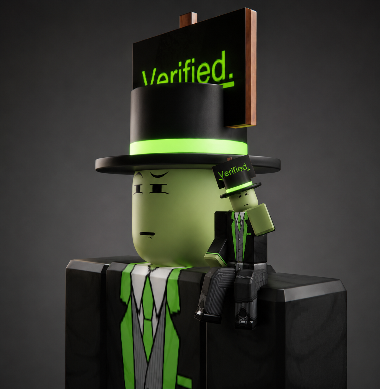 A stylized digital or robotic figure resembling a businessman in a black suit with green accents, wearing a large black top hat with a glowing green band. The figure has a large, round head with a serious expression, and a smaller identical figure si