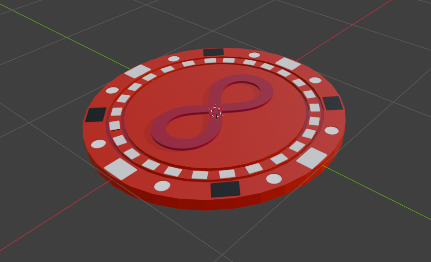 3D model of a red poker chip with an infinity symbol in the center, featuring black and white markings around the edge.