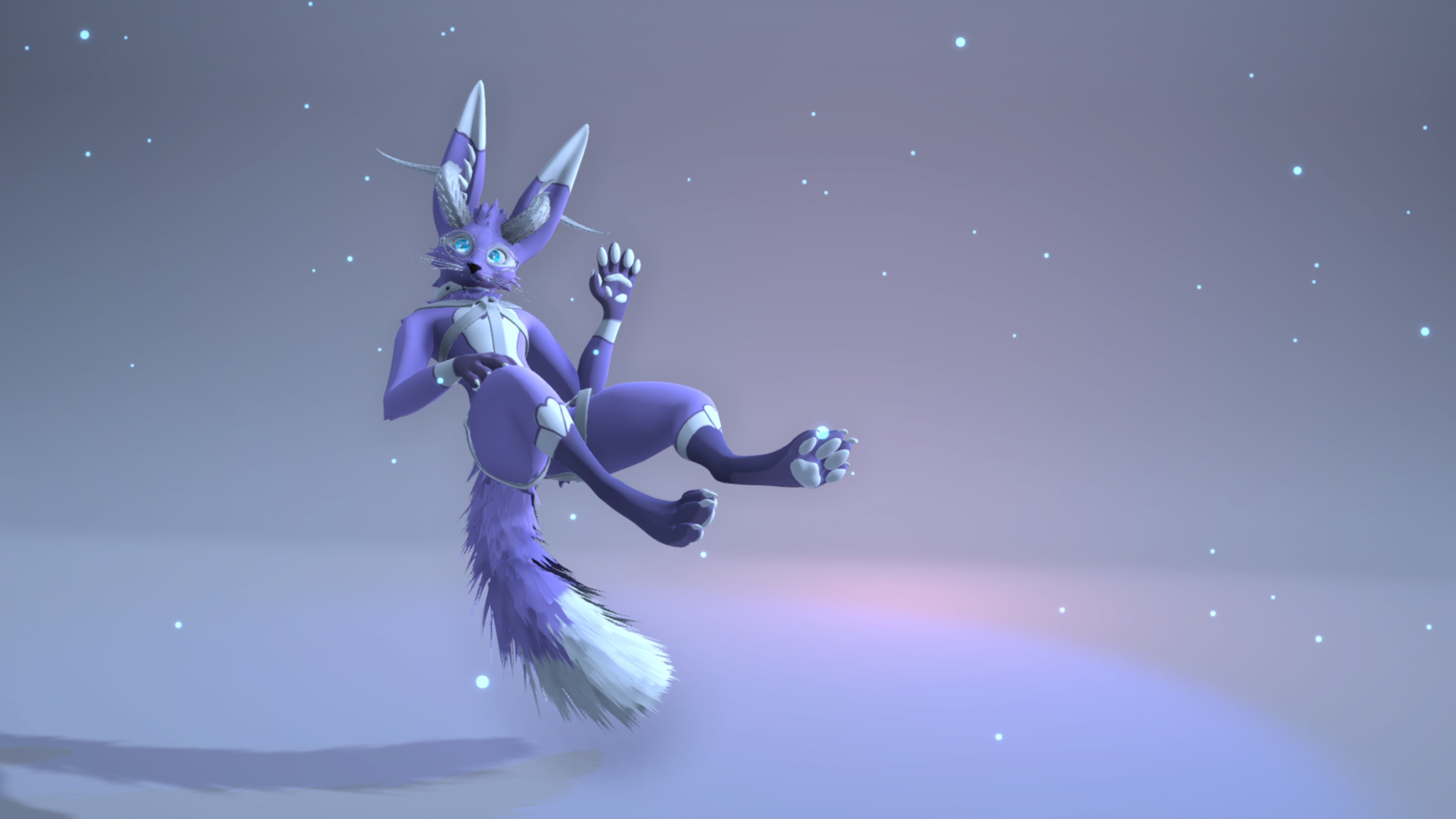 A digital illustration of a purple, anthropomorphic fox with large ears, a fluffy tail, and a single blue eye, floating in a space-like background with small glowing stars.