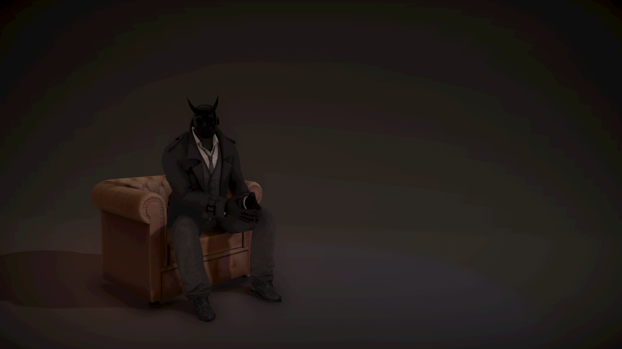 A person with a black mask and black horns, wearing a stylish gray coat and sitting on a tan leather armchair, holding a phone in hands, against a dark background.