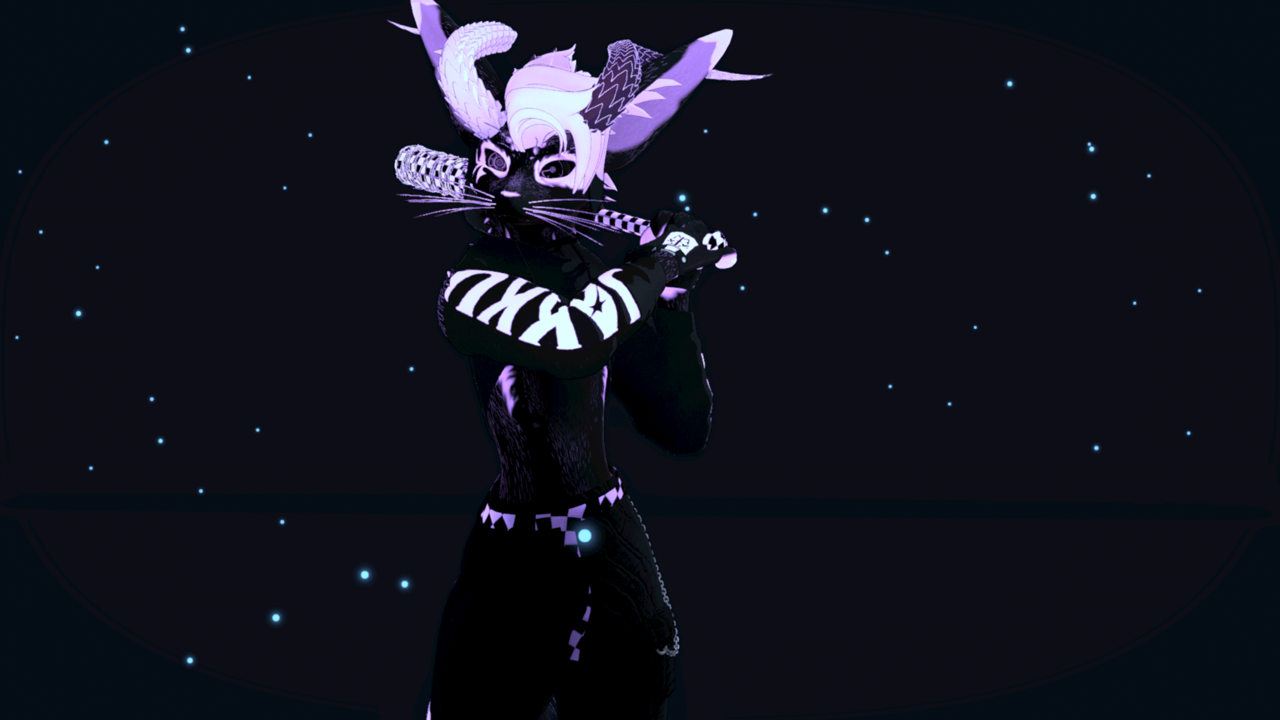 A digital illustration of an anthropomorphic feline character with large ears, light purple and black fur, and wearing a black outfit with white checkered patterns. The character is set against a dark background with small glowing blue stars.