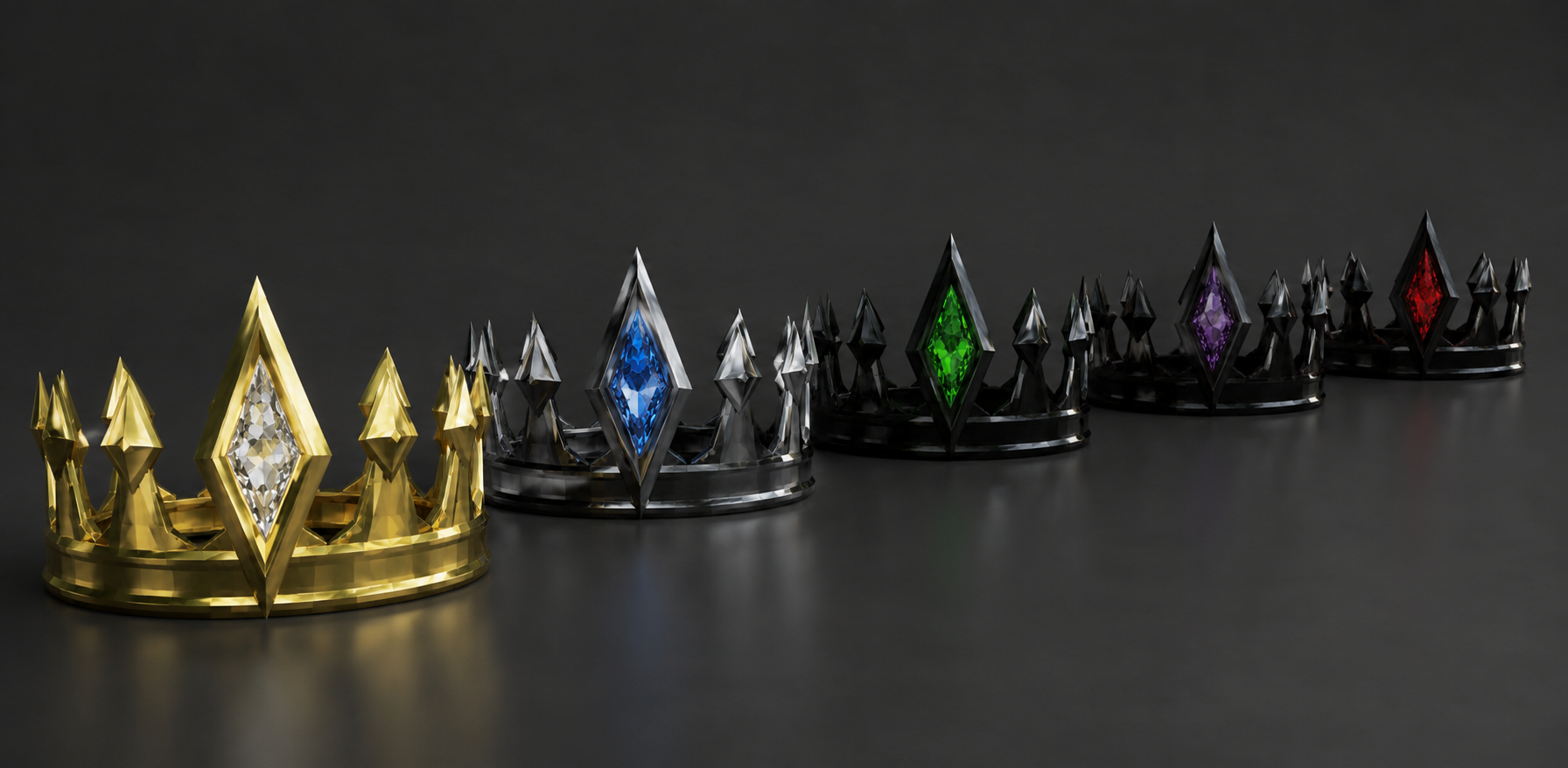 Three ornate crowns with gemstone decorations; gold crown with clear gemstone, black crowns with blue, green, purple, and red gemstones on a dark background.