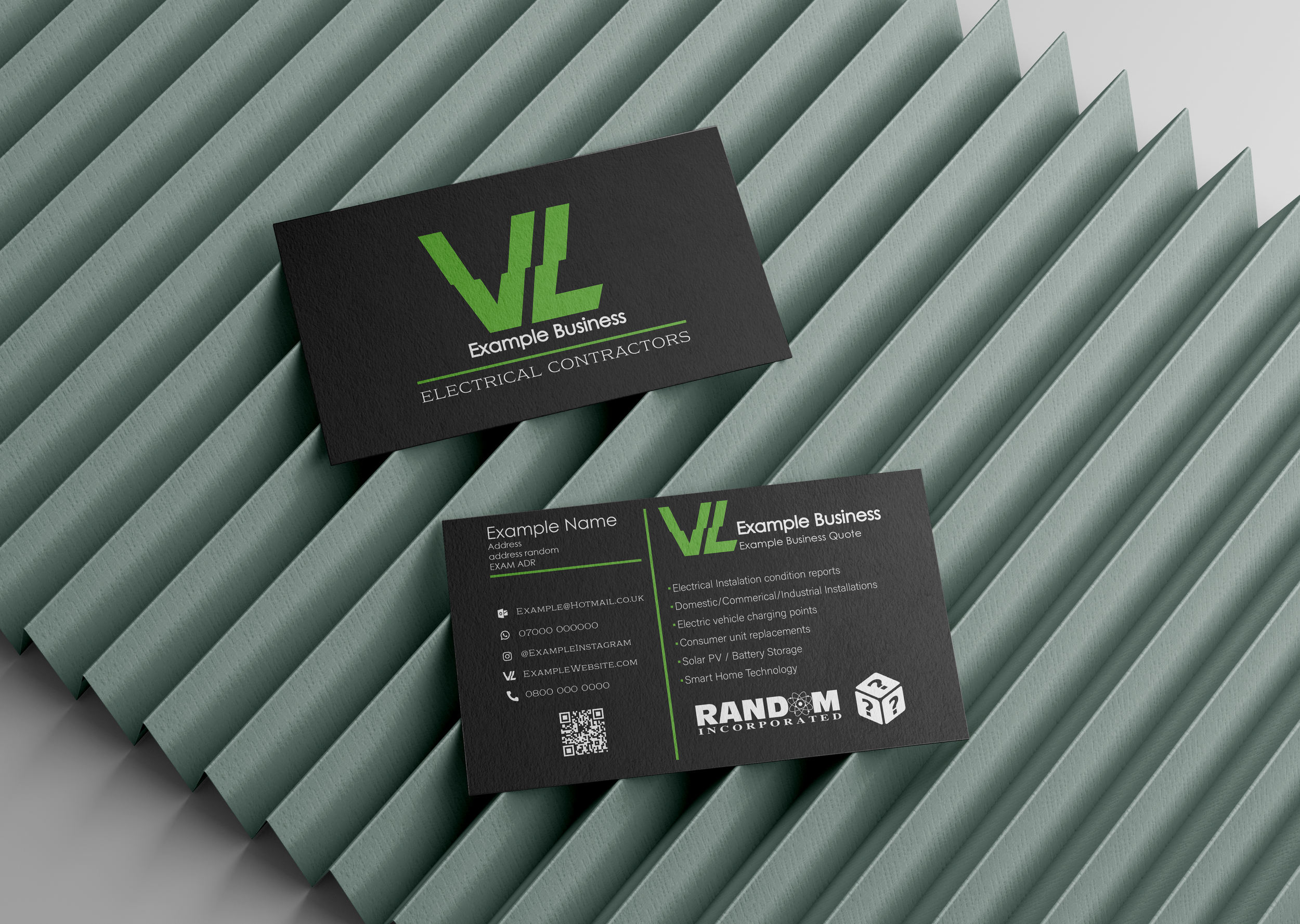 Business cards with the logo "VL" in green and black background, placed on a textured surface. The cards display contact details and services related to electrical contracting, with icons for email, phone, and social media.