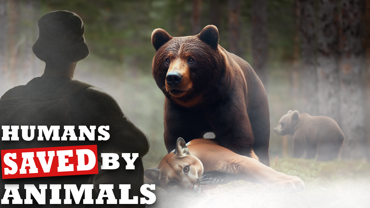 Silhouette of a person looking at a wild bear and other animals in a forest, with the text 'Humans Saved by Animals'.