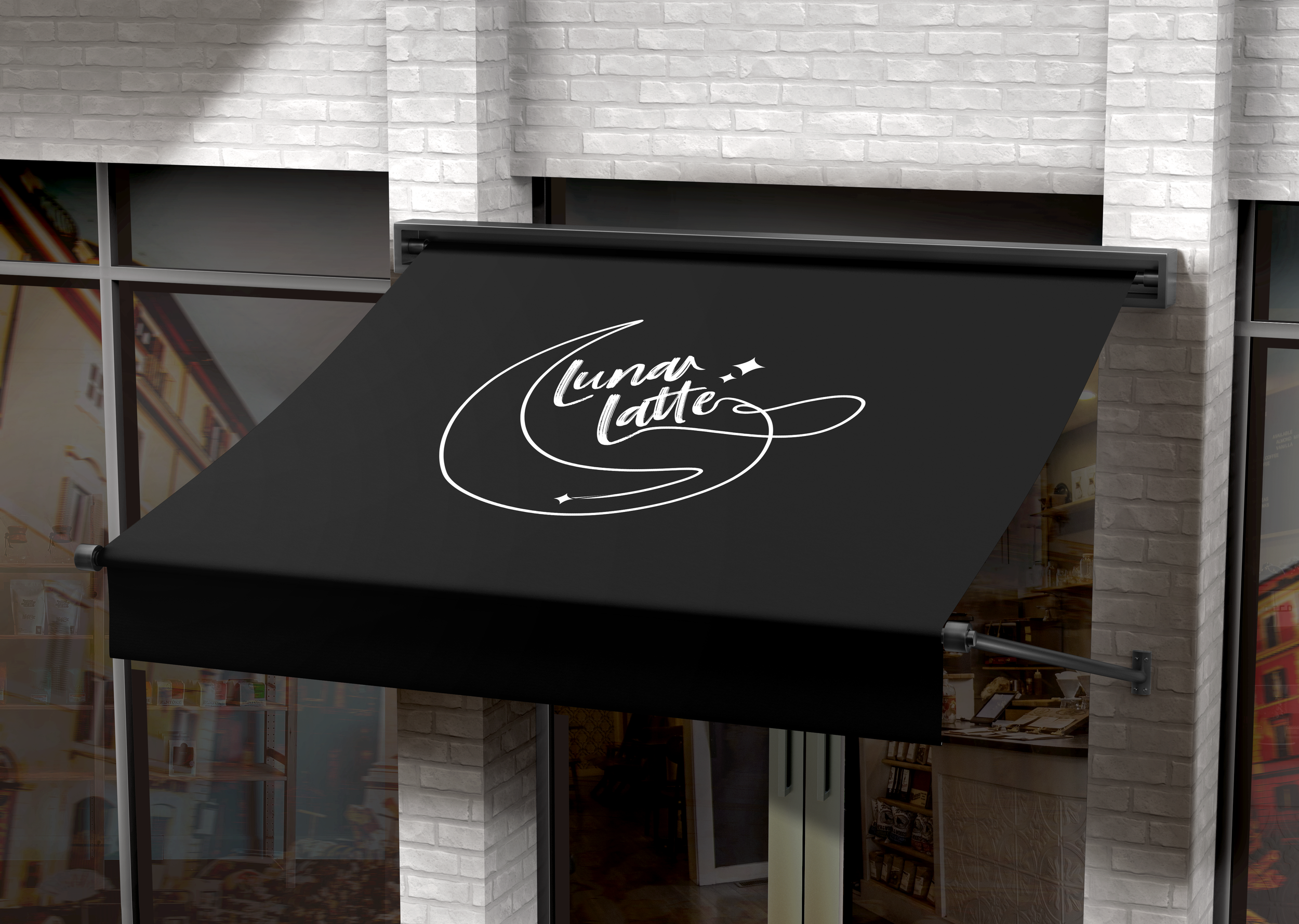 A storefront with a black awning that has the words 'Luna Latte' written in white cursive lettering, located in a building with a white brick exterior and large glass windows.
