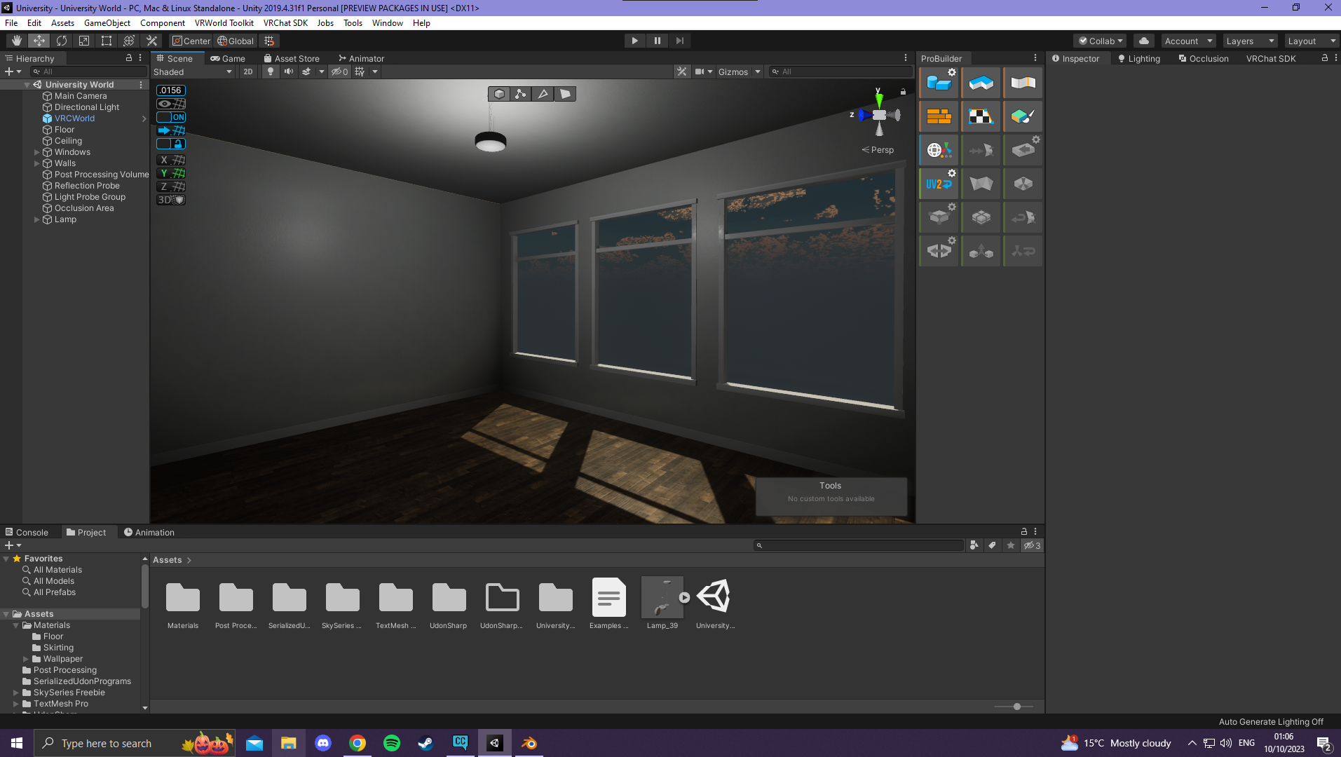 A virtual room scene in a 3D modeling software showing three windows with sunlight casting shadows on the wooden floor, with a ceiling light fixture and plain walls.