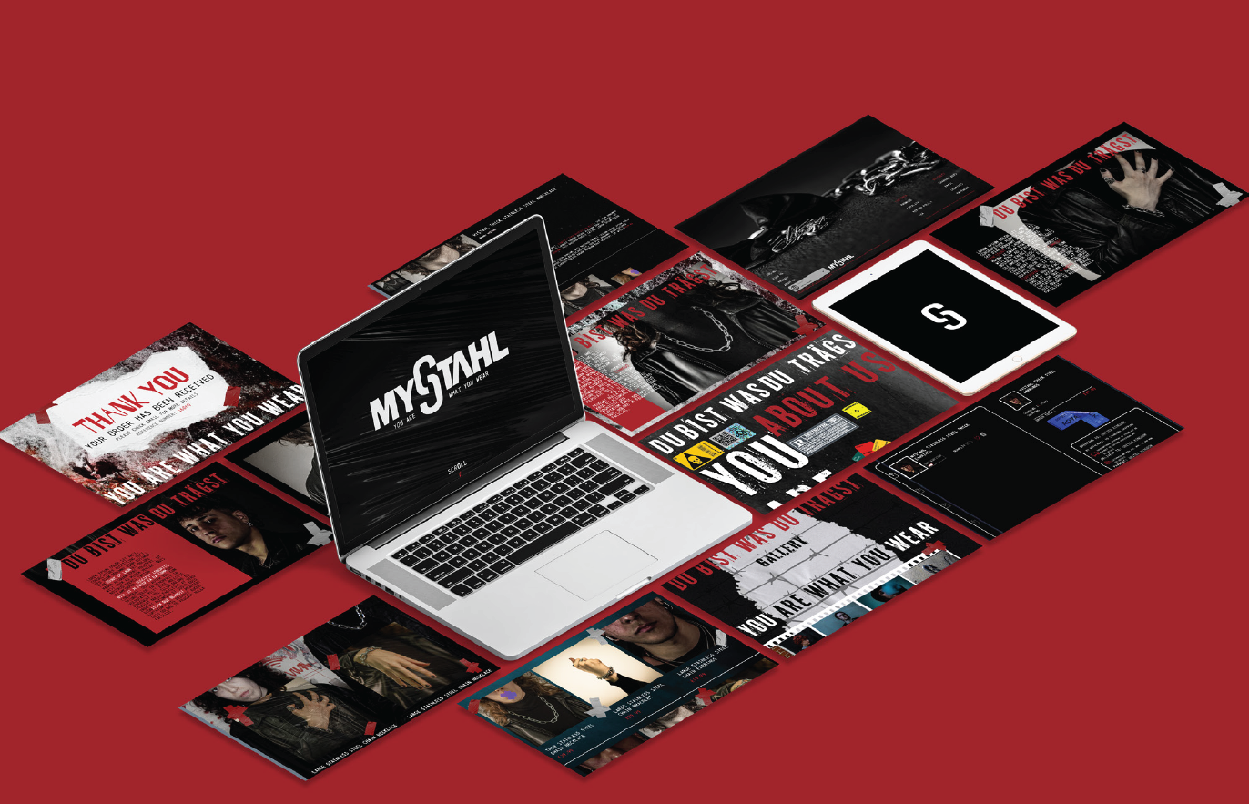A collection of digital screens and printed materials with red, black, and white design elements related to a protest or movement, including phrases like 'MY STAHL,' 'Thank you,' and 'You didn't use to trust.'