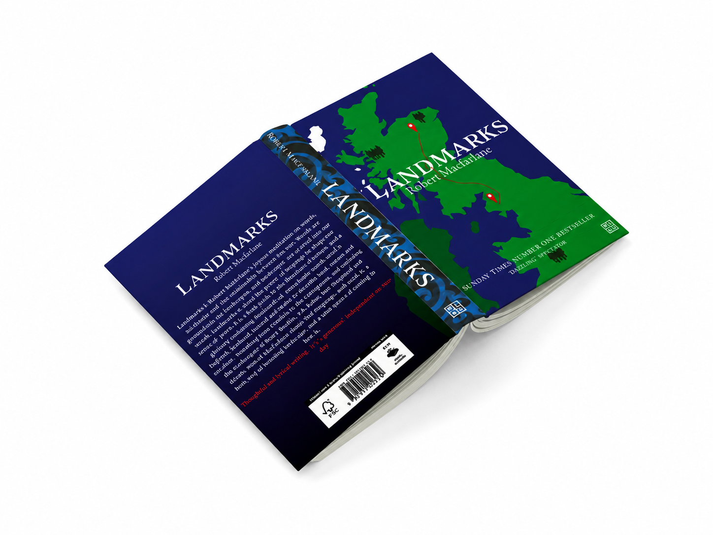 A stack of paperback books titled "Landmarks" by Robert Macfarlane with a cover design featuring a map of the UK in green and blue, and the spine decorated with a black, blue, and white pattern.