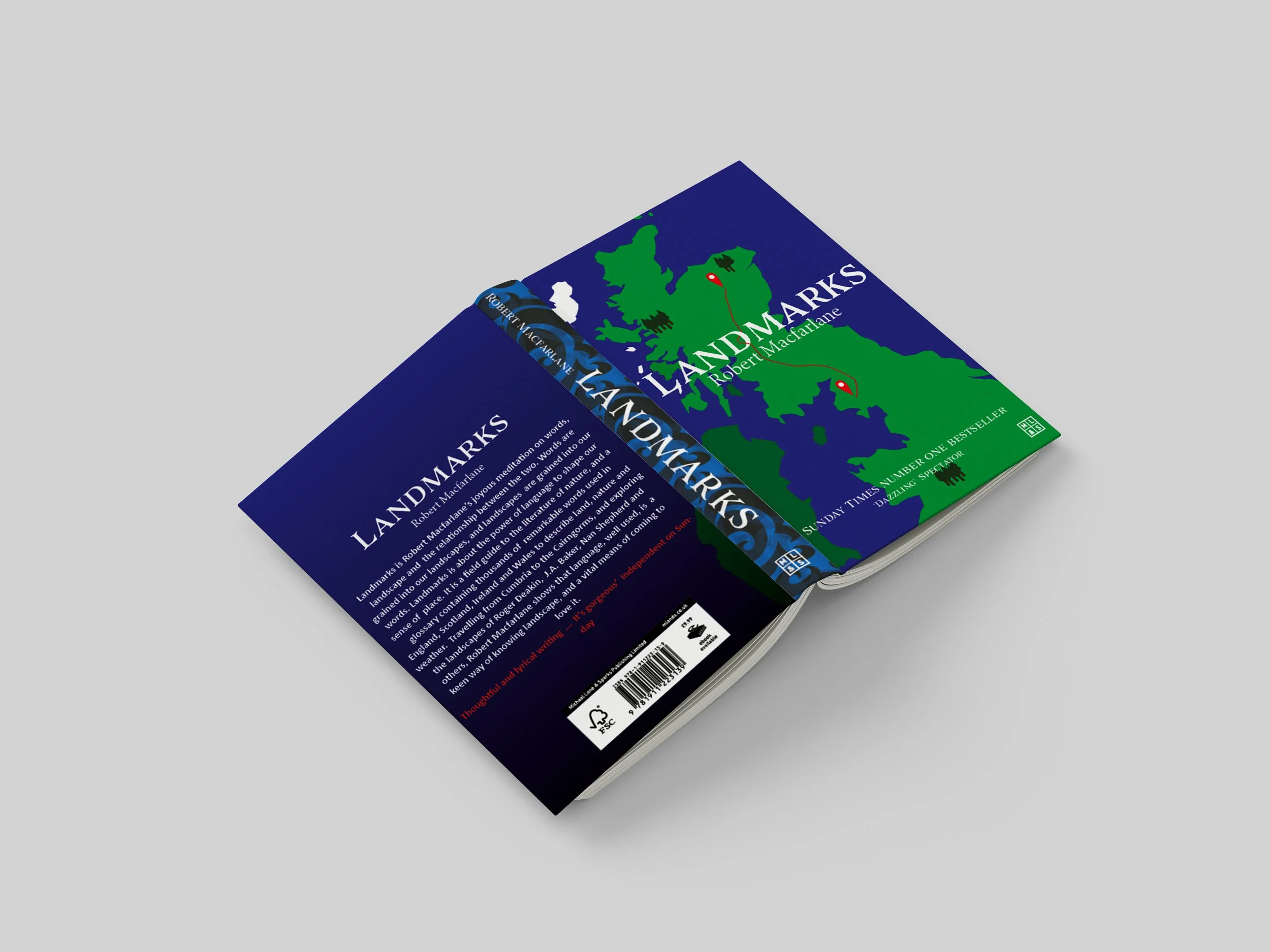 Back cover of a book titled 'LANDMARKS' by Robert Macfarlane, showing a map of Scotland and surrounding areas in blue and green, with some text and barcode.