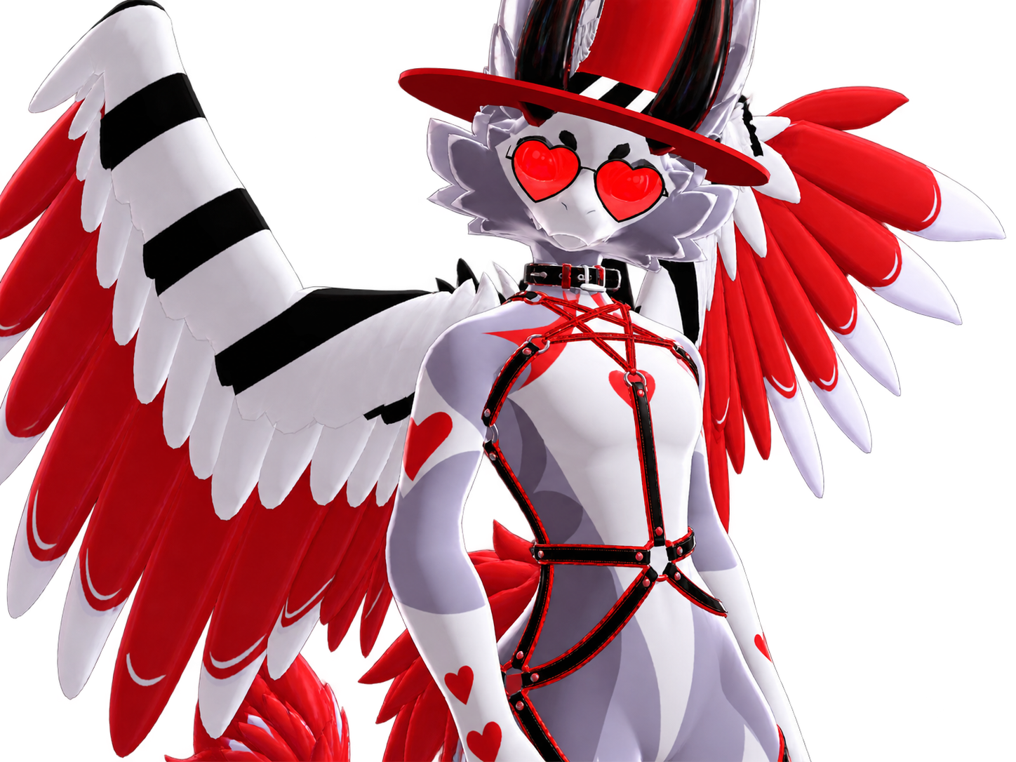 A stylized, humanoid character with a predominantly white body decorated with red hearts and black accents. The character has large feathers resembling wings, painted in red, black, and white. They wear a red wide-brimmed hat, heart-shaped glasses, and a harness-like outfit with red straps and heart details.
