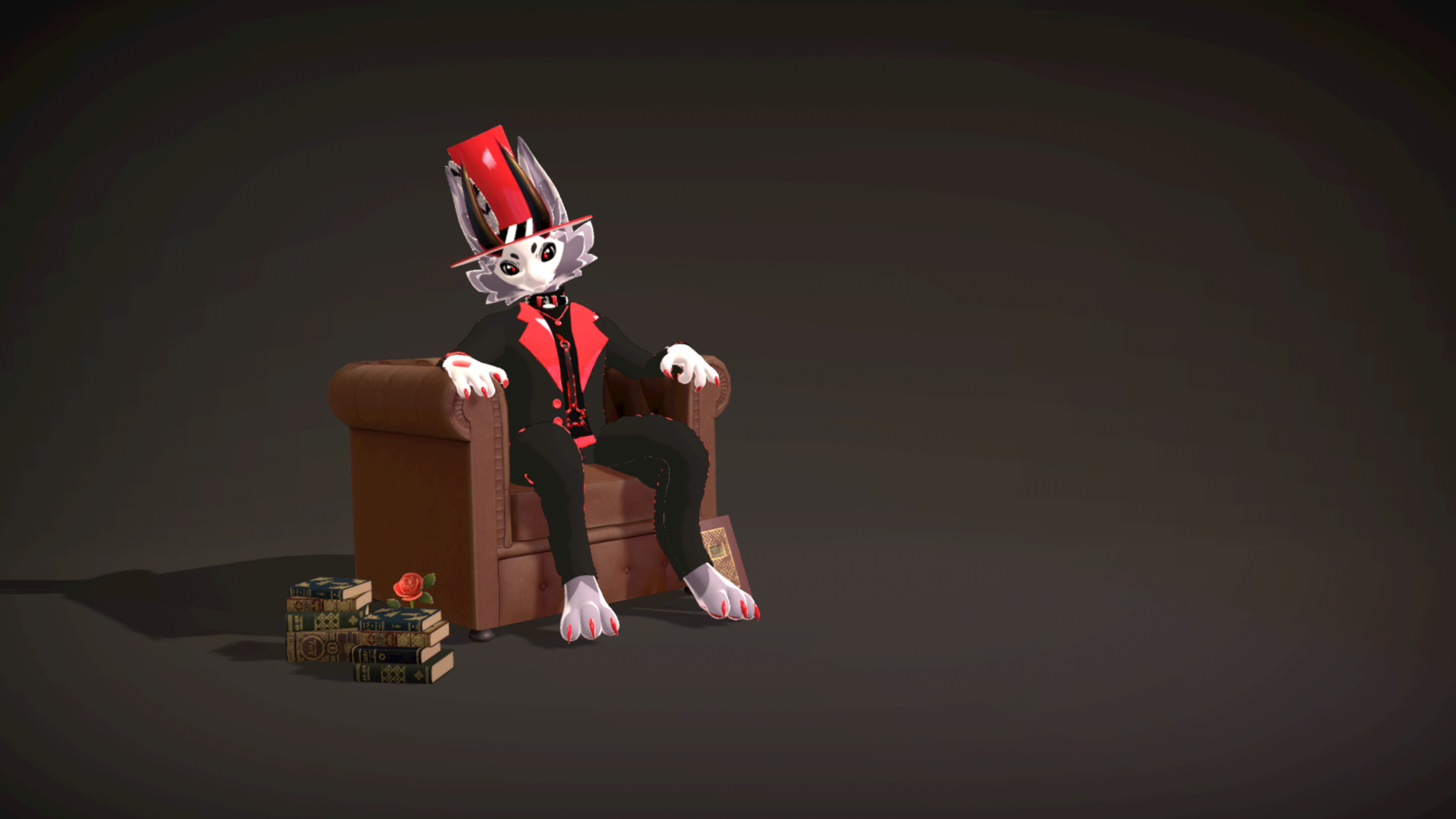 A humanoid rabbit character with white fur, wearing a black and red tuxedo, sitting on a brown armchair. The rabbit has large ears, one red and black striped, and wears a red hat. There are stacks of books, a rose, and an orange book on the floor nea