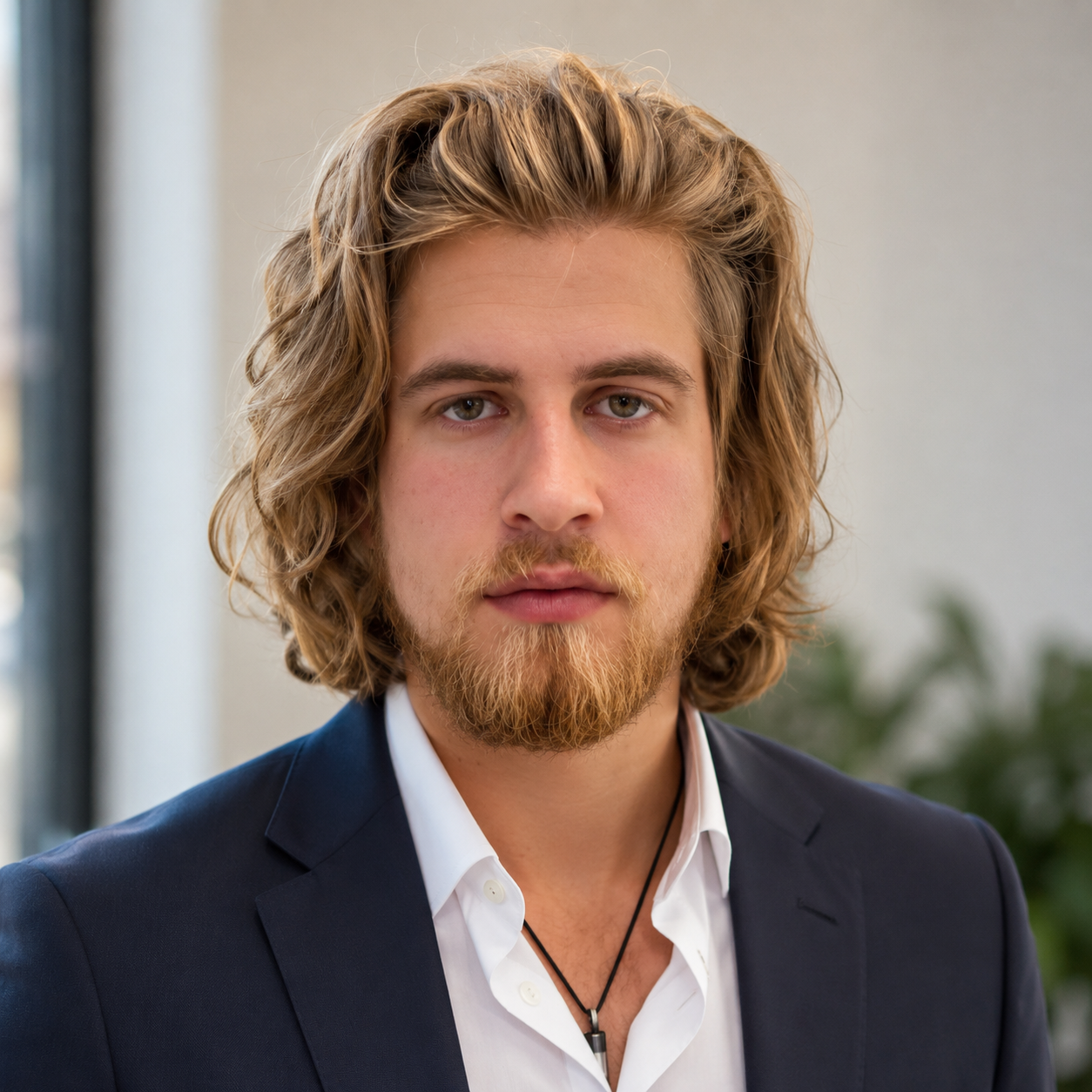 A young man with wavy blonde hair, a beard, and mustache wearing a navy blazer and a white shirt, looking directly at the camera in an indoor setting.