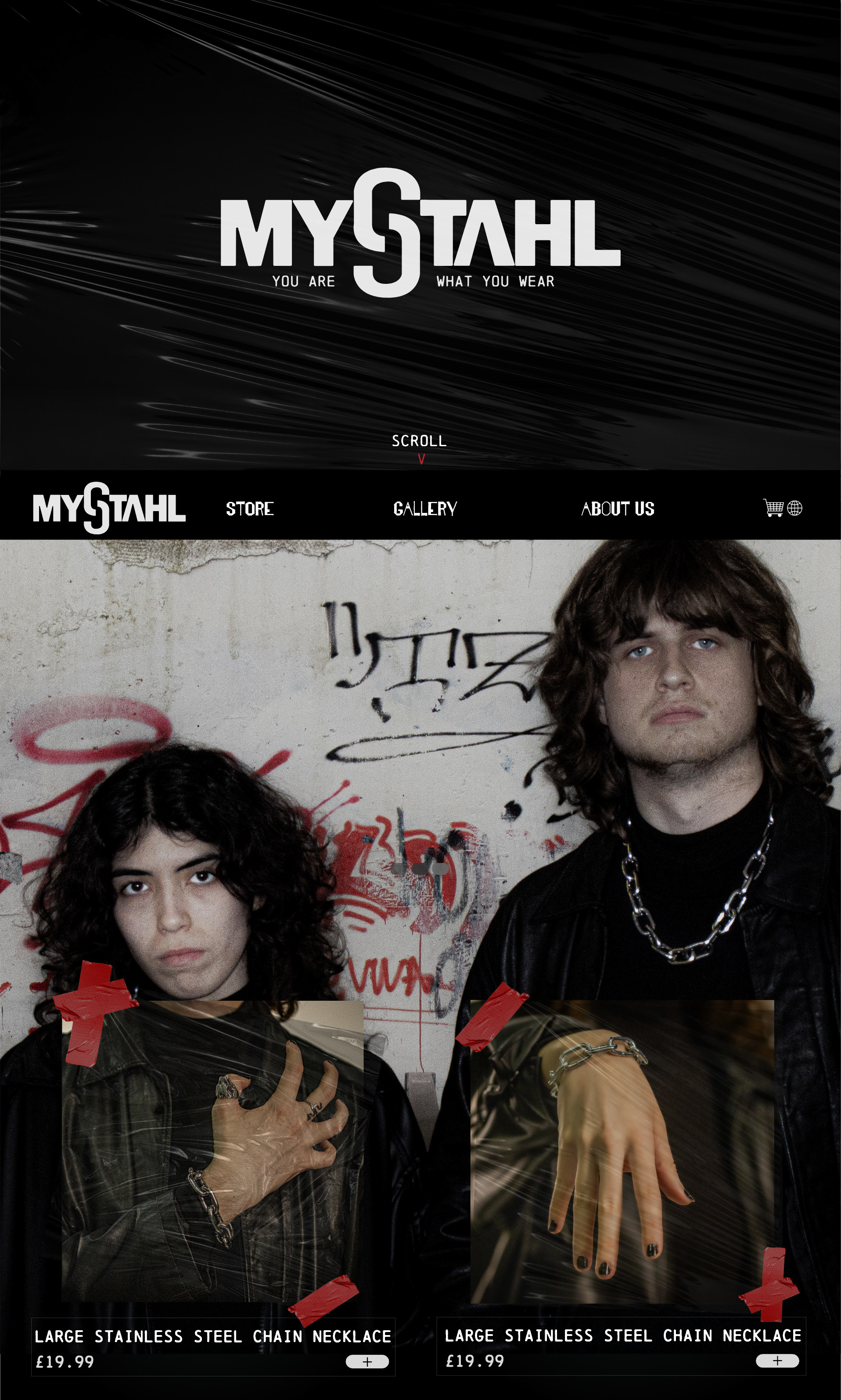 Fashion website homepage featuring the band My StahL with black and white theme. Top section has the logo and navigation menu, with a background of streaks of light. Below are images of two individuals wearing black leather jackets, displaying large 