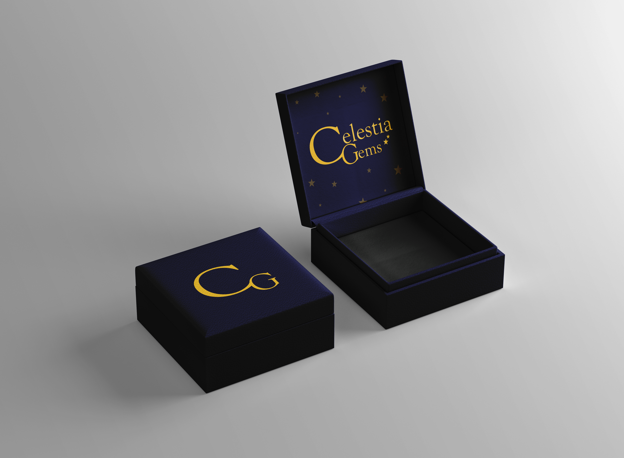 Open jewelry box with a navy blue interior, gold stars, and the words "Celestia Gems" written inside