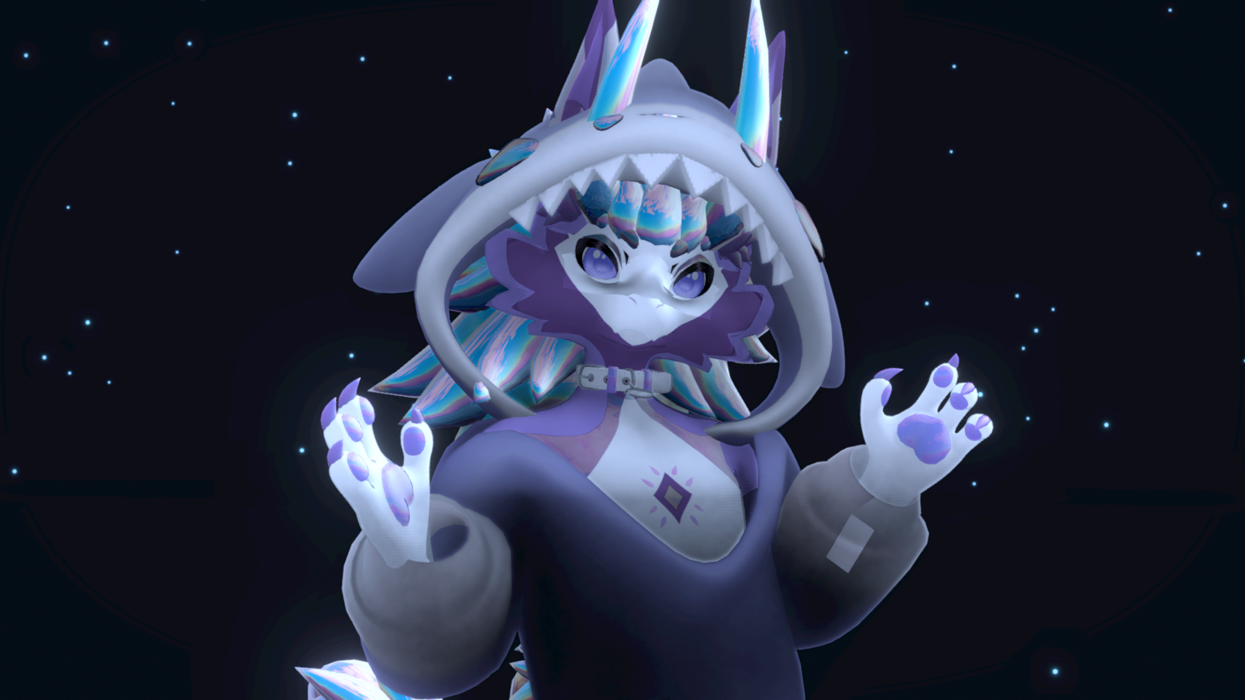 A fantasy creature resembling a unicorn with a dragon-like appearance, standing in a space setting with stars, featuring iridescent details on its horn and paws, and making a playful expression.