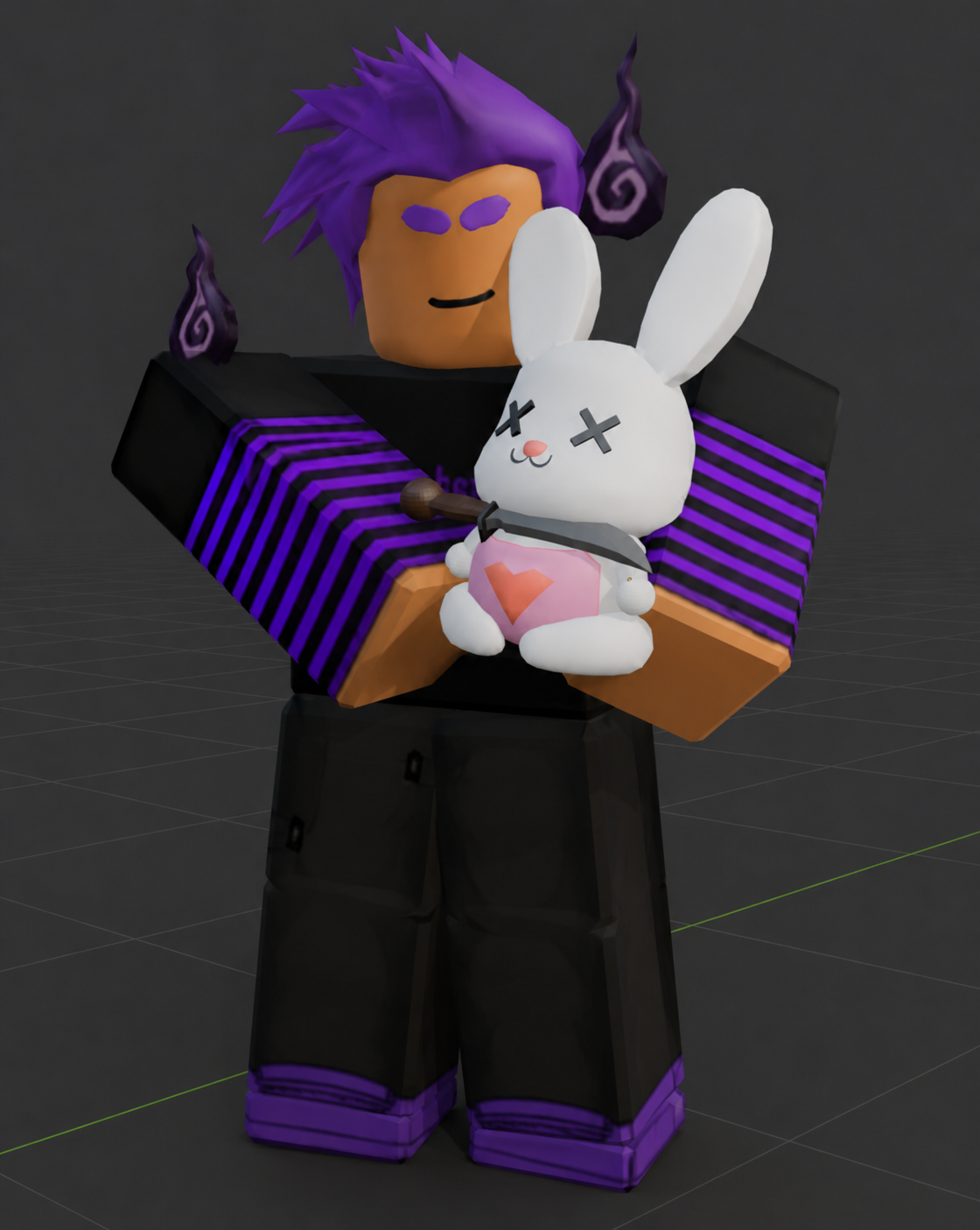 Roblox avatar with purple hair holding a white plush bunny with black X eyes and a pink heart, wearing a black and purple striped shirt.