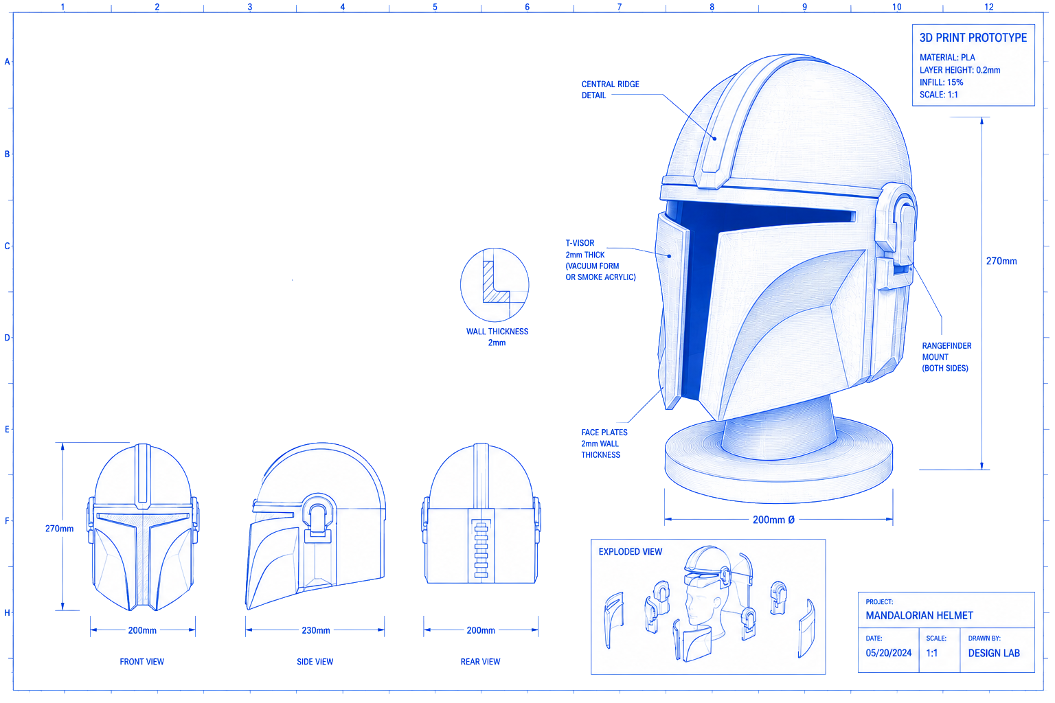 Blueprint of a Mandalorian helmet with detailed measurements and annotations, including front, side, and rear views, exploded view, and specifications for material and construction.